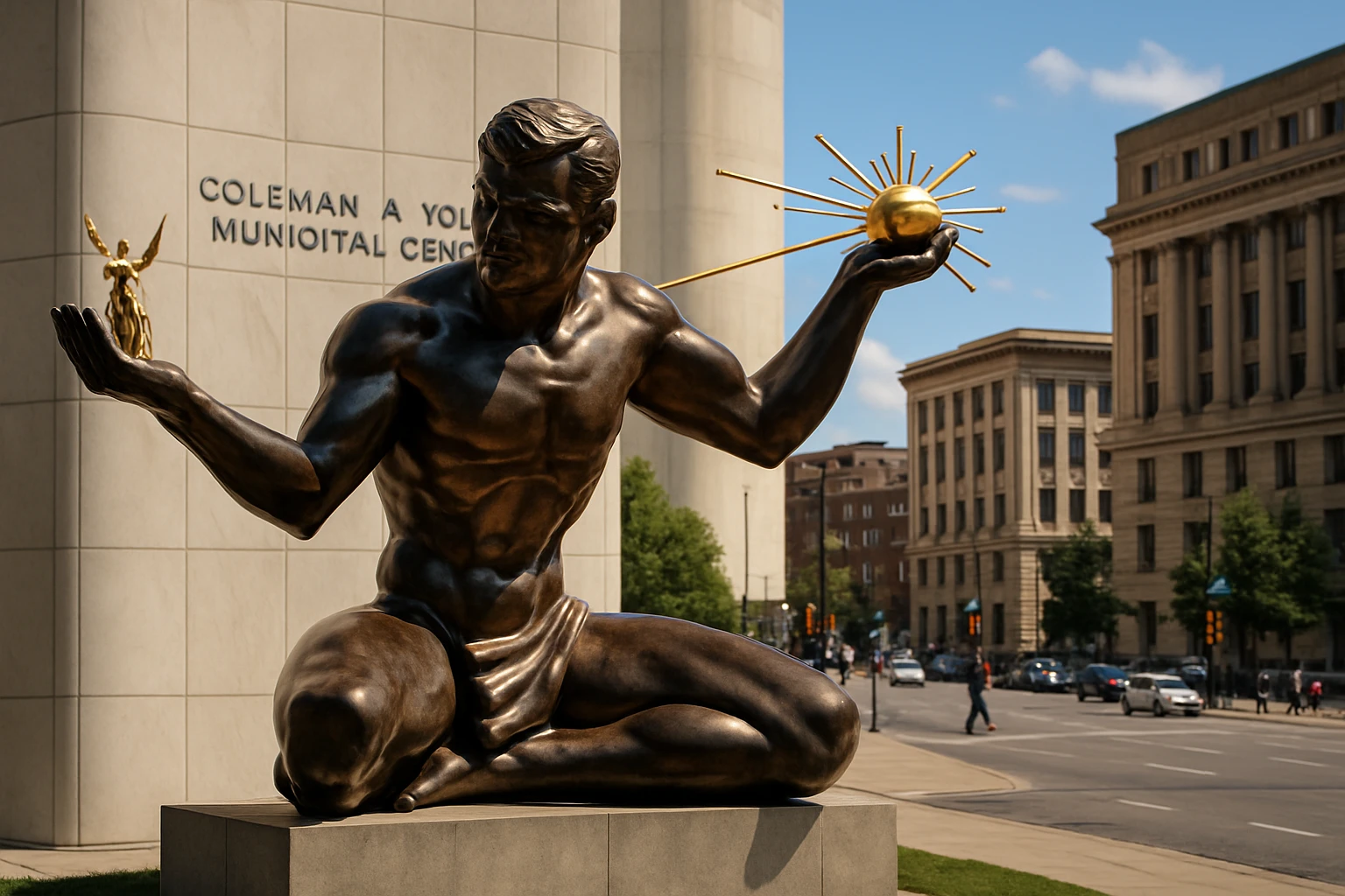 A towering bronze sculpture stands proudly outside the Coleman A. Young Municipal Center in Detroit, its polished surface gleaming under the midday sun, embodying the city's spirit of resilience and unity amidst a backdrop of bustling streets and historic architecture.