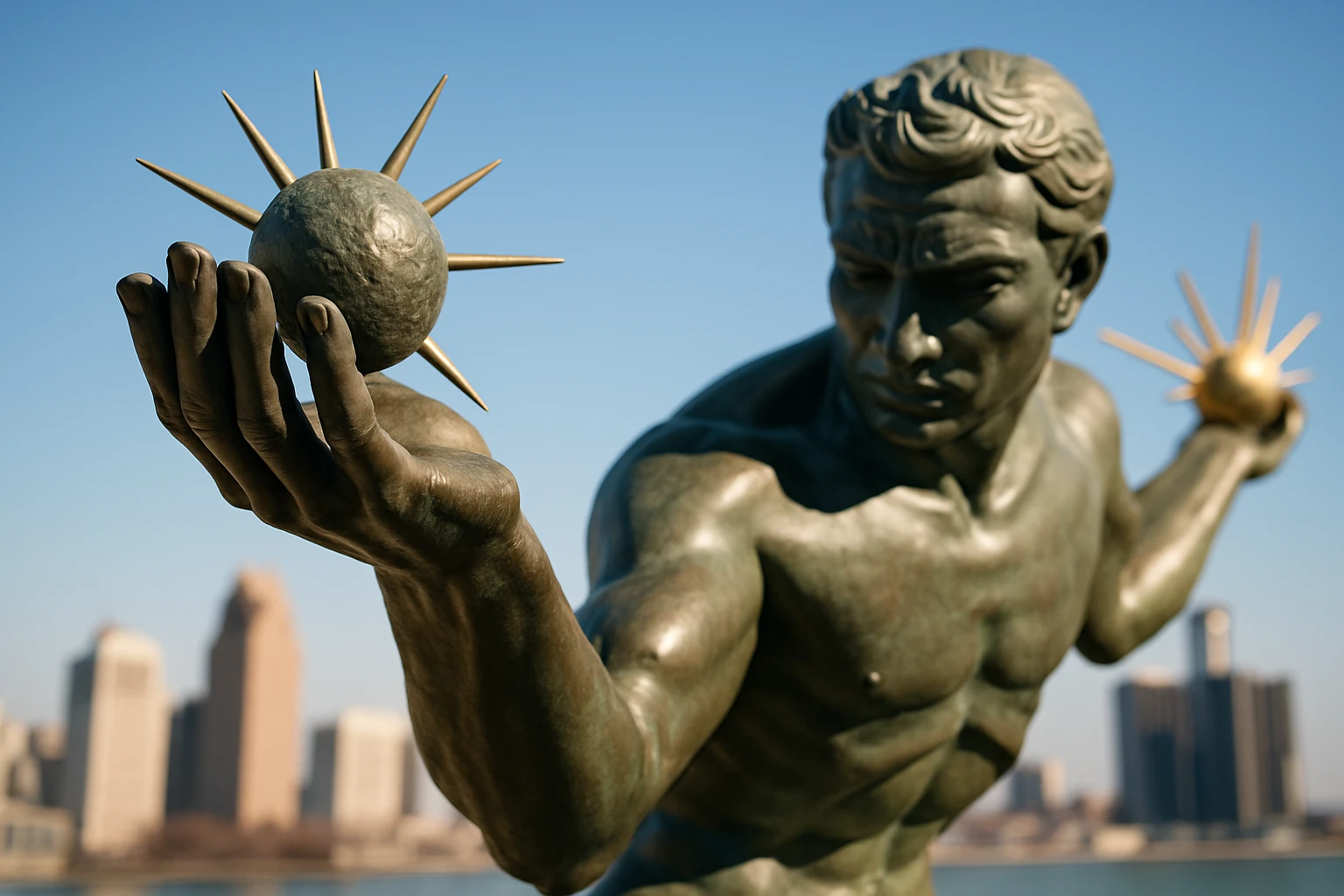A close-up of the detailed bronze features of The Spirit of Detroit statue, capturing the intricate textures of the man's outstretched hand holding the symbolic sphere, with the city skyline blurred softly in the background under a clear blue sky.