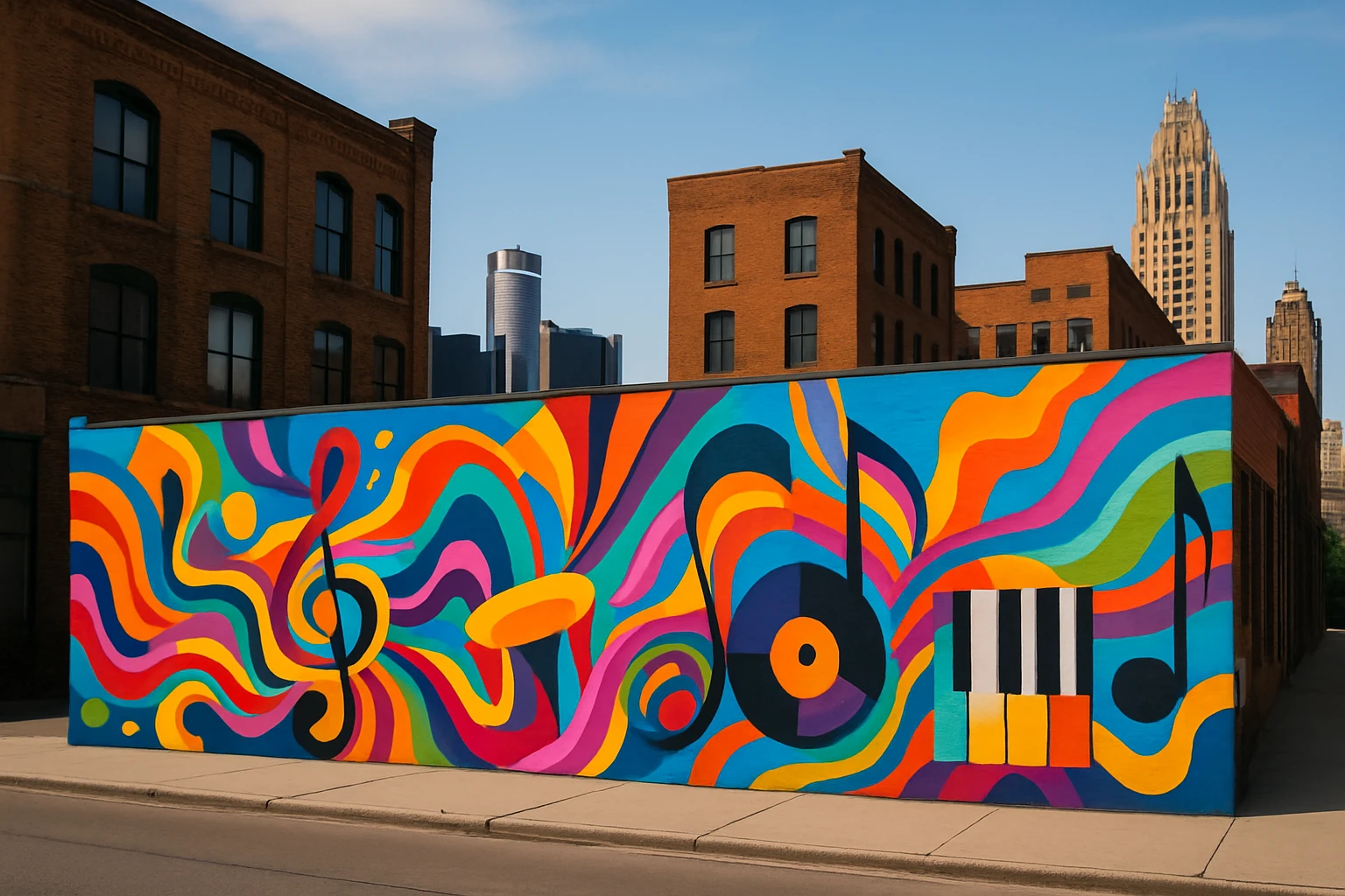 A vibrant mural in downtown Detroit featuring colorful abstract designs and musical motifs, set against the backdrop of historic brick buildings with the skyline visible in the distance.