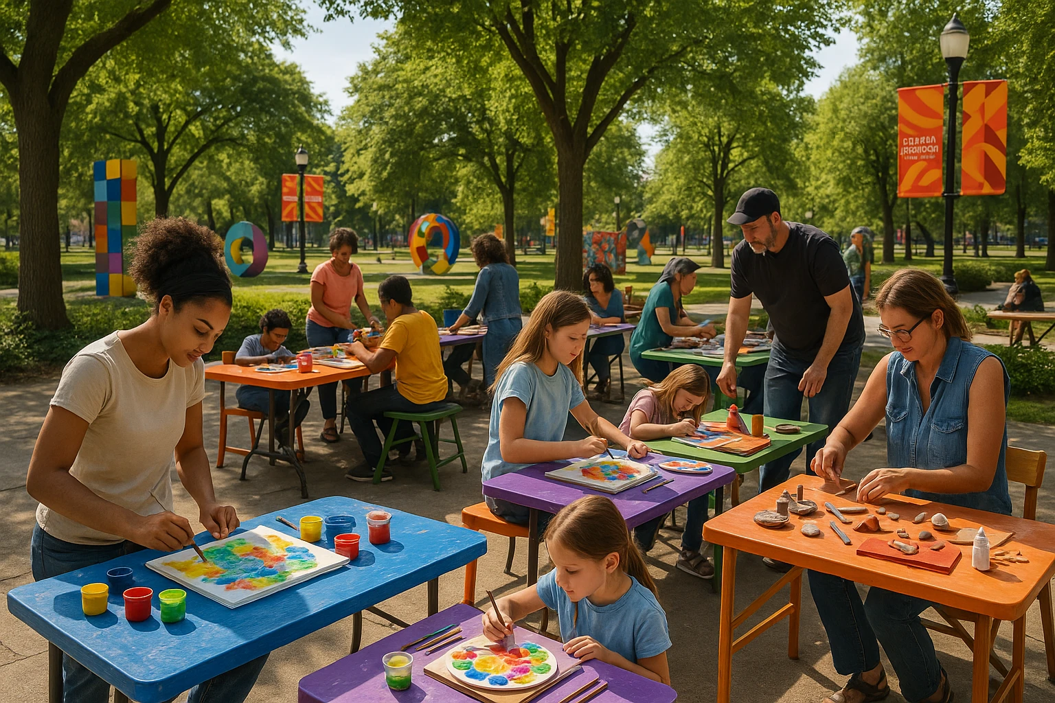A bustling community workshop at a local Detroit park, featuring colorful tables with people painting, crafting, and sculpting, surrounded by trees and outdoor art installations, with vibrant banners promoting 