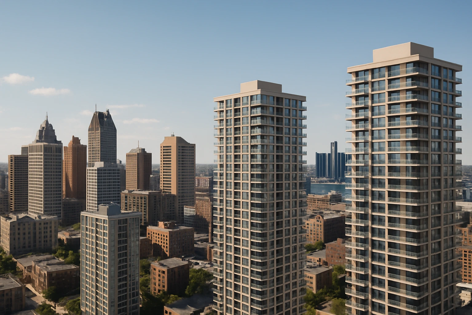 A panoramic view of Detroit's skyline with modern high-rise buildings in the foreground, showcasing potential residential towers for corporate housing.
