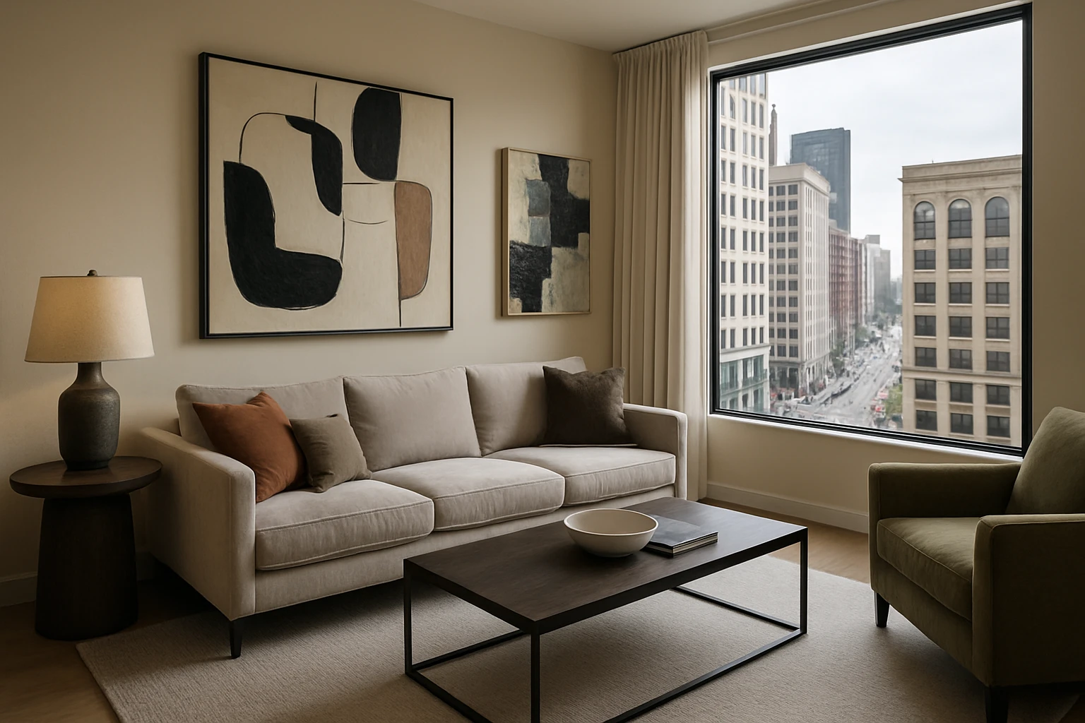 An upscale furnished apartment living room with modern decor, featuring a plush couch, abstract artwork on the walls, and a large window overlooking Detroit’s vibrant city streets below.