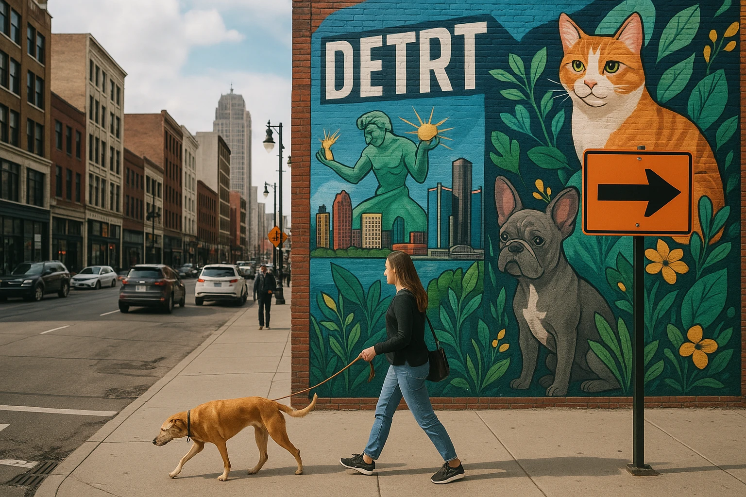 A bustling Detroit street scene with a vibrant mural featuring local art, highlighting the pet-friendly nature of the area with a woman walking a dog on a leash past a sign pointing to temporary apartment rentals.