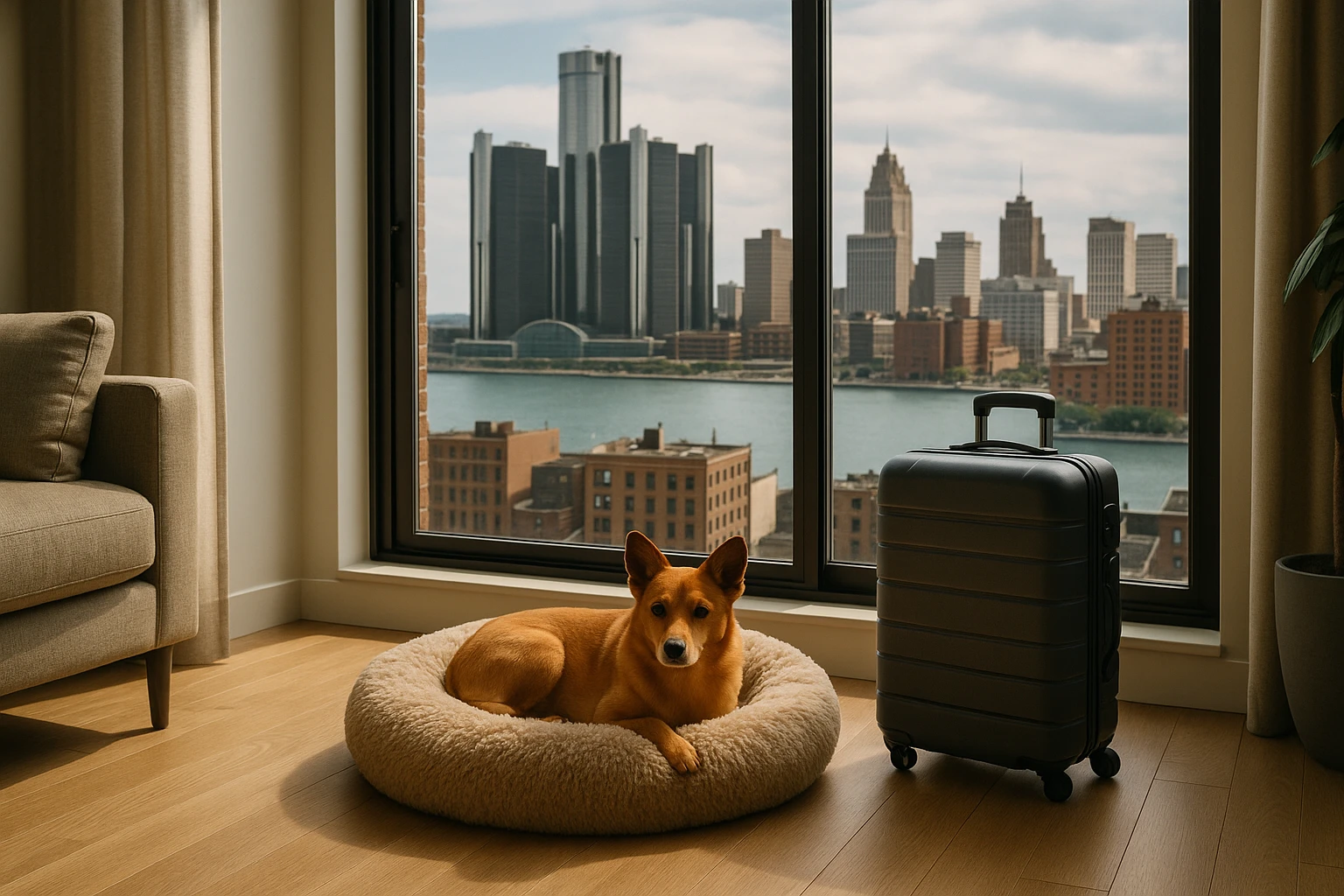 A cozy, modern apartment interior with a plush dog bed beside a large window overlooking a Detroit skyline; a small, neatly packed suitcase sits next to the pet bed, emphasizing the temporary stay.