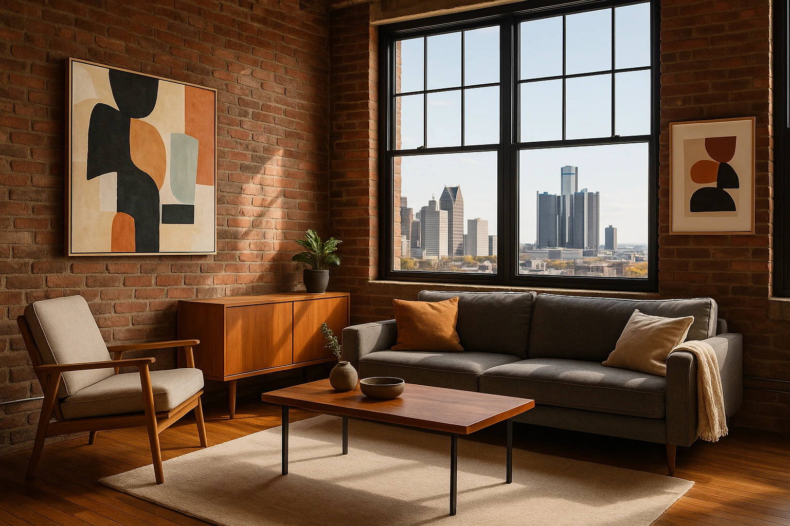 A cozy urban apartment in Detroit with exposed brick walls, modern art on the walls, and a view of the Detroit skyline through large windows, highlighting the charm of midterm stays.