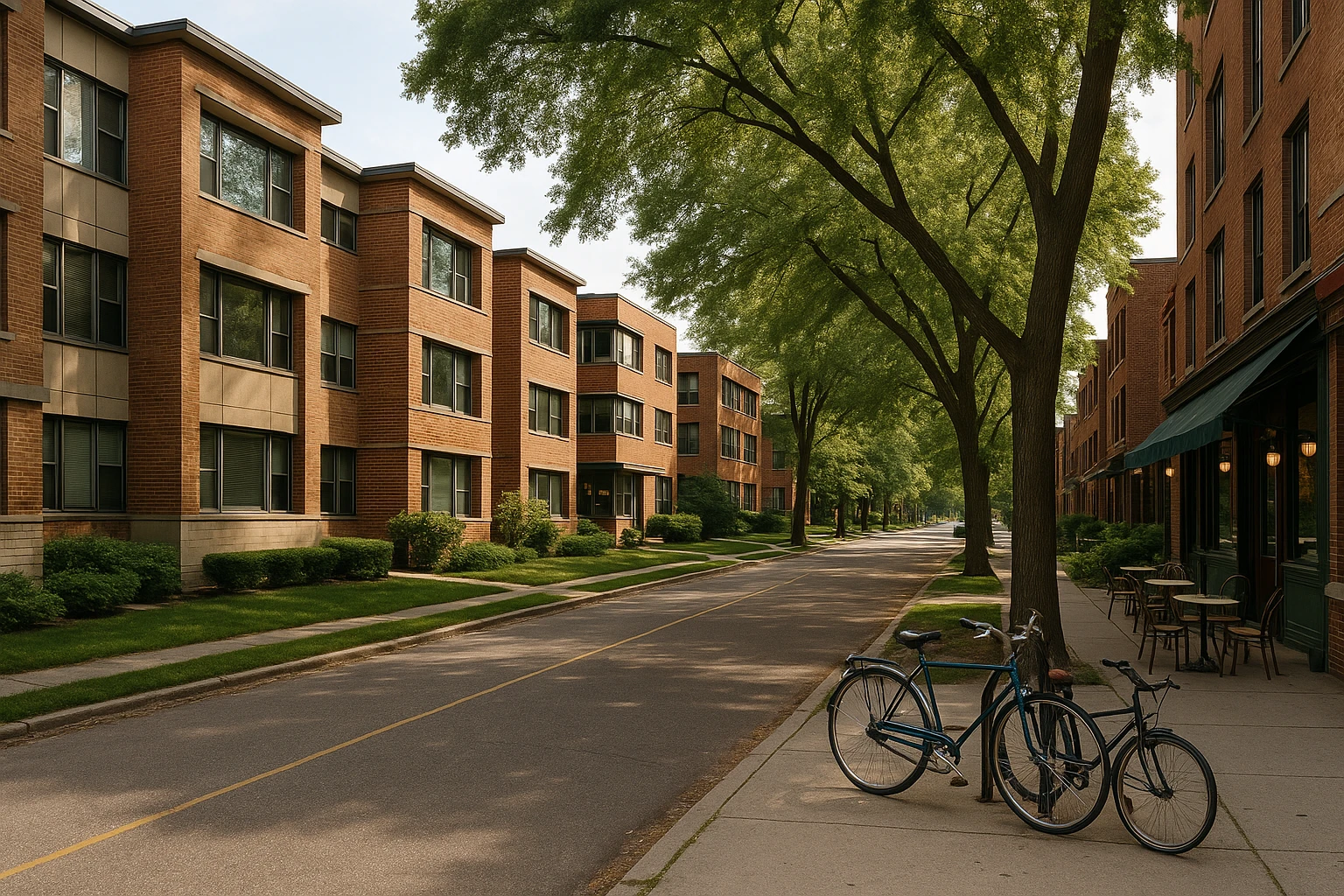 A street-level view of a charming Detroit neighborhood featuring mid-century modern apartment buildings, with leafy trees lining the sidewalks and bicycles parked near a vintage-style café, illustrating the appeal of midterm stays with local amenities.