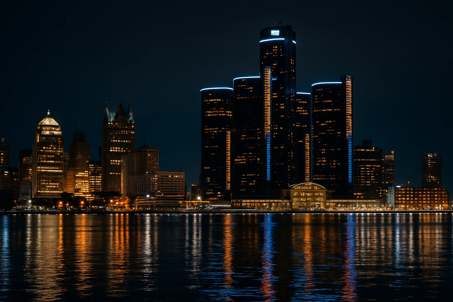 A nighttime view of the Detroit skyline featuring the iconic Renaissance Center, illuminated against the dark sky, with the Detroit River reflecting the city lights in the foreground.