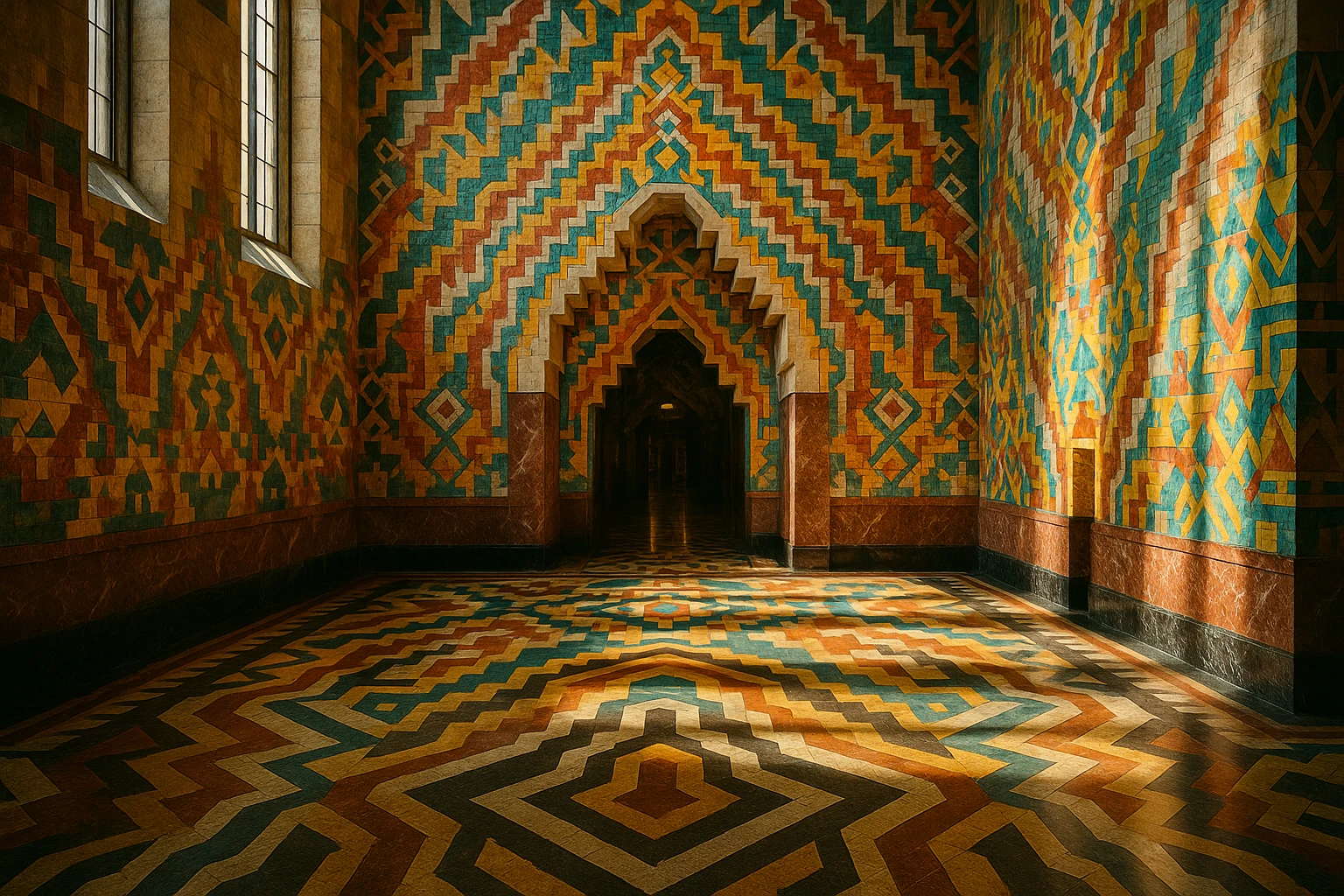 A close-up of the Guardian Building’s vibrant Art Deco mosaic lobby, showcasing its intricate geometric patterns and bold, colorful tilework, with sunlight streaming through high windows, casting dynamic shadows on the floor.
