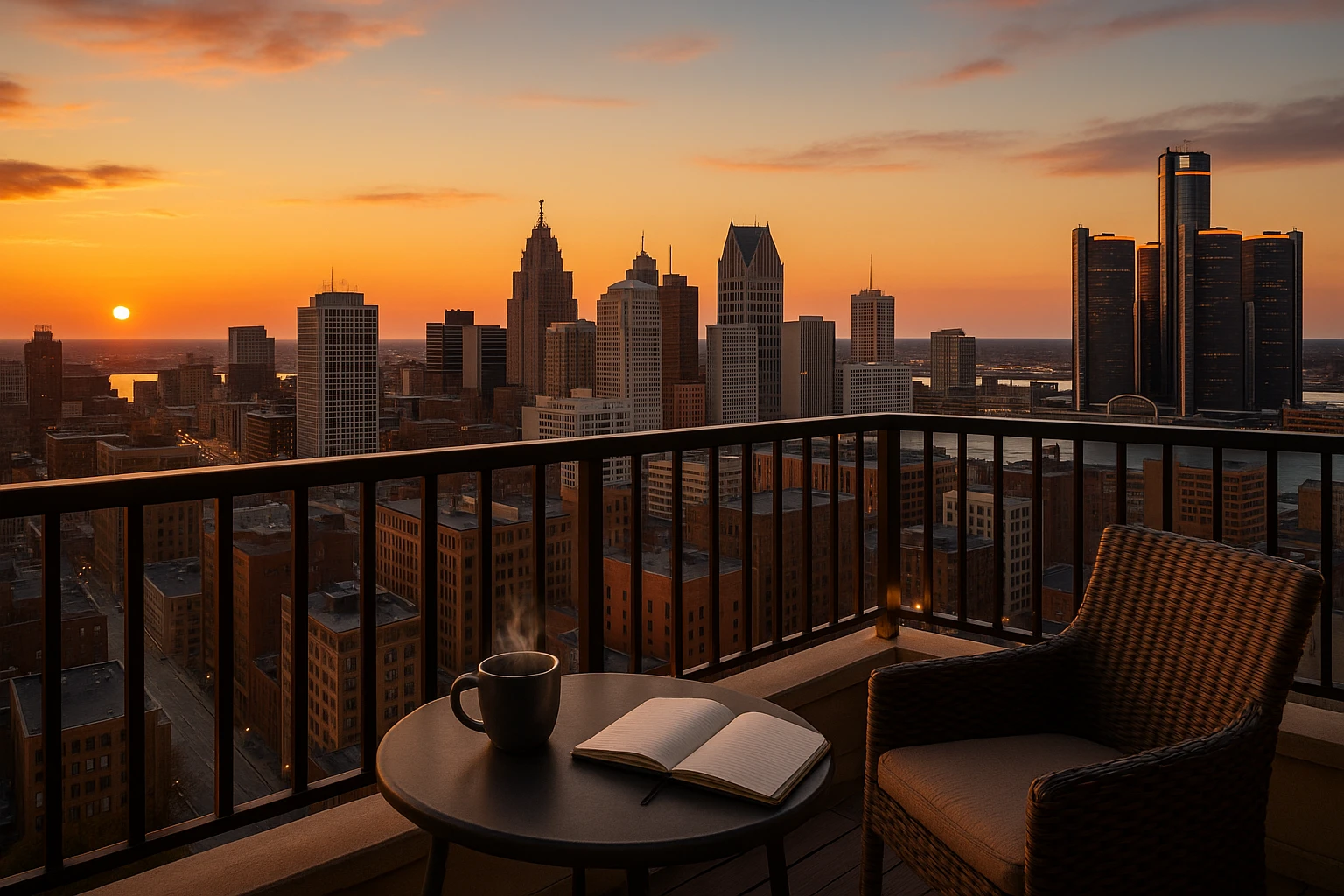 A panoramic view of Detroit's skyline at sunset, with a cozy, inviting apartment balcony in the foreground overlooking the cityscape; a small table is set with a steaming mug and an open notebook, capturing the essence of midterm stays.