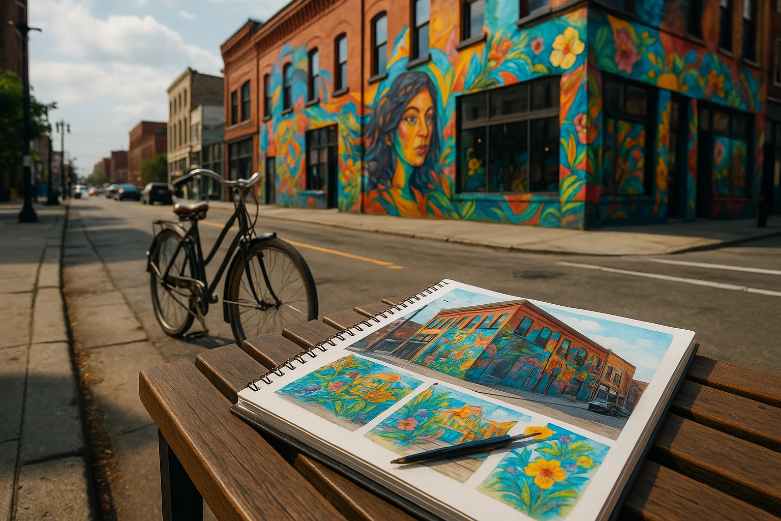 A bustling Detroit street scene with a historic brick building featuring vibrant murals; a vintage bicycle is parked outside, and an artist's sketchpad with colorful drawings is laid on a nearby bench.