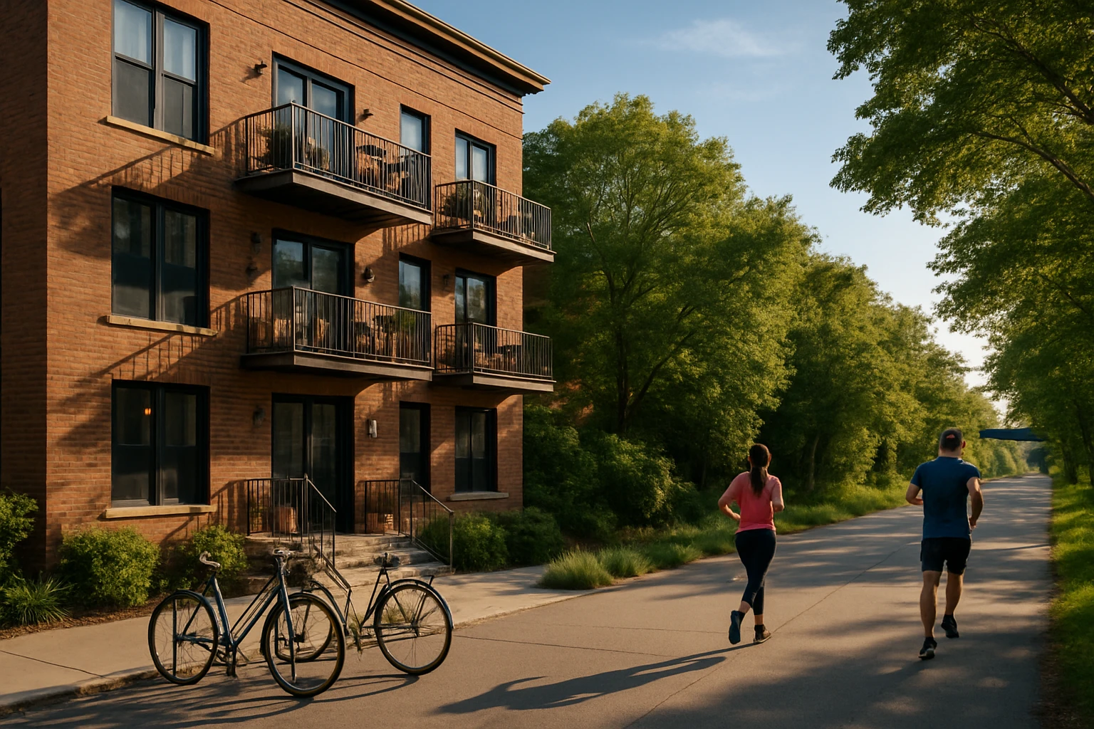 A sunlit urban street featuring a stylish, furnished apartment building, with bicycles parked outside and people jogging along the leafy path of the Dequindre Cut extension nearby.