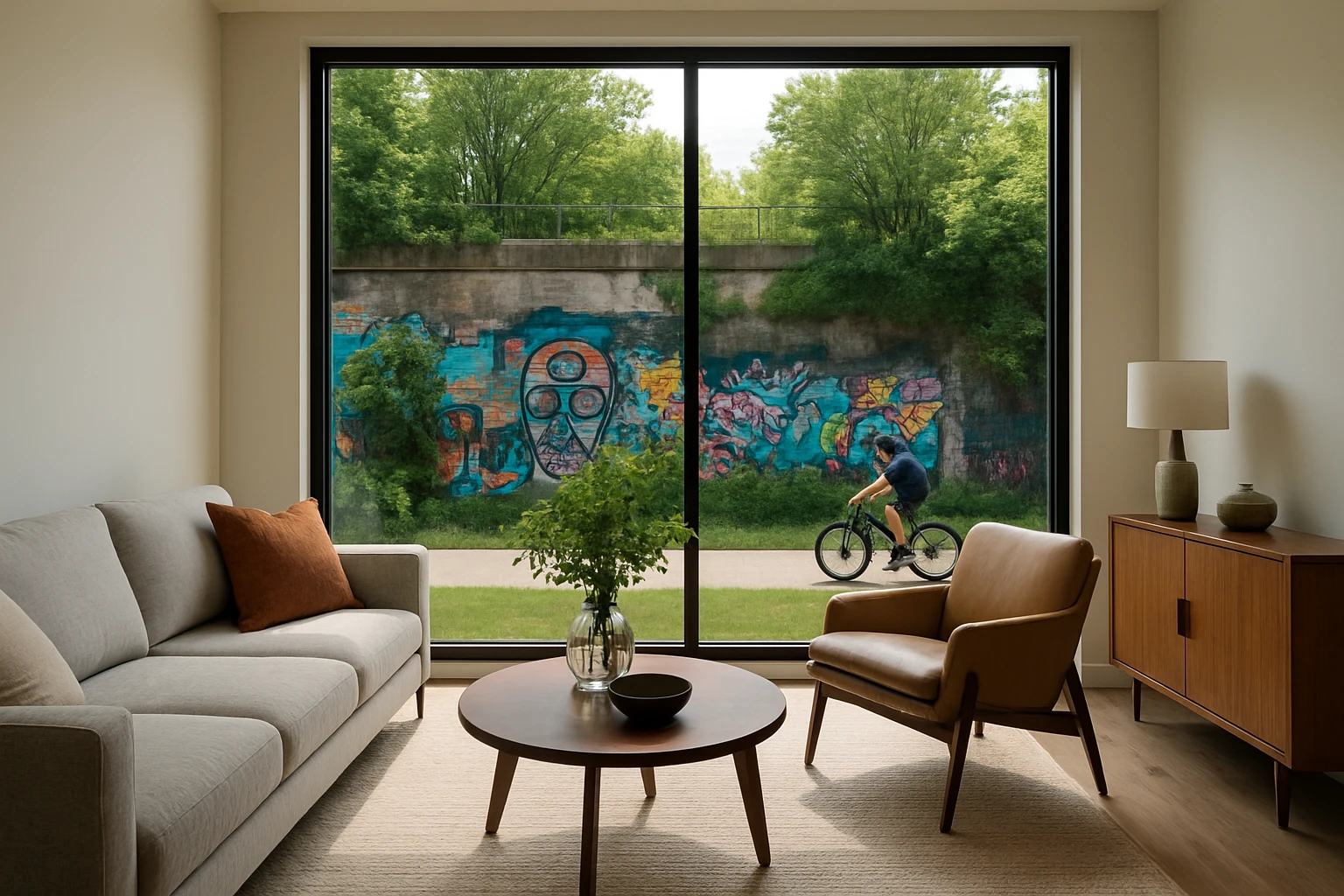 A modern furnished apartment interior with chic furniture, a large window showcasing a view of the Dequindre Cut Extension, adorned with urban street art and lush greenery, as a cyclist rides by.