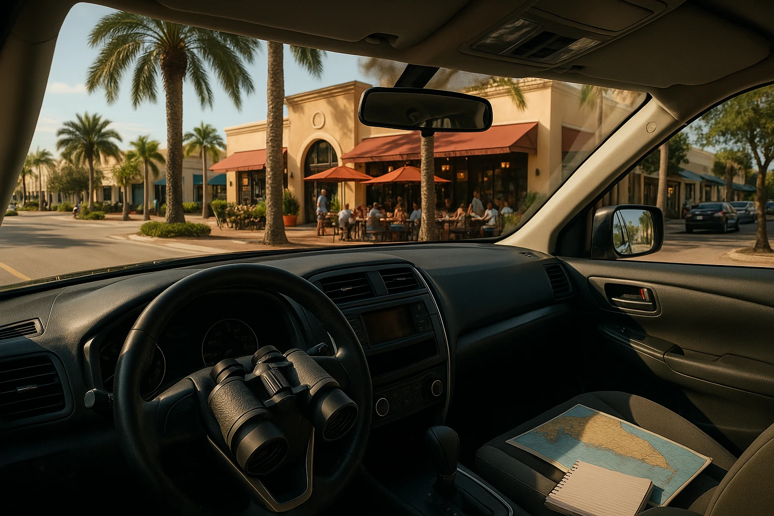 A sunlit street in Jupiter, Florida, where a private investigator's discreet SUV is parked near a bustling café, with binoculars resting on the dashboard, while a notepad and a Florida map are visible on the passenger seat.