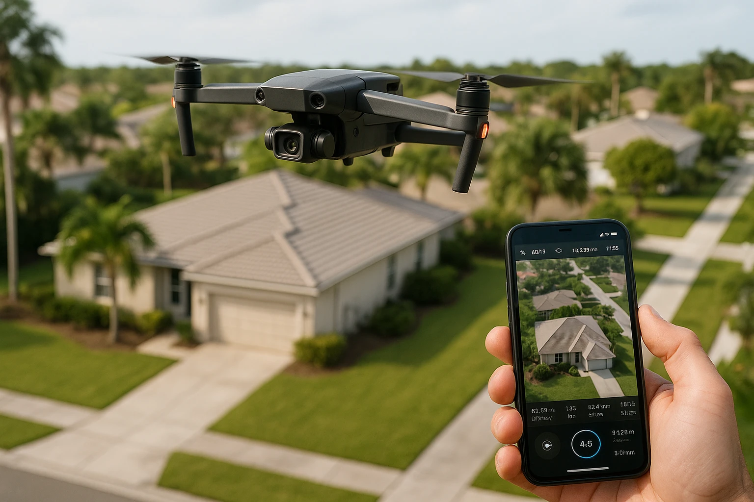 A high-tech drone with a camera hovers above a quiet suburban neighborhood in Jupiter, Florida, capturing detailed aerial footage of a house, alongside a mobile device displaying a mapping app and real-time data analysis.