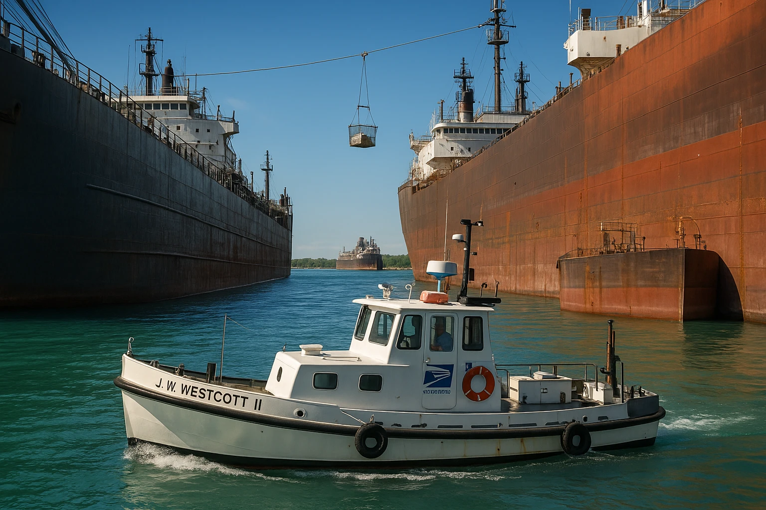 A picturesque scene on the Detroit River shows the J.W. Westcott II, a sturdy white vessel marked with the USPS logo, floating peacefully beside enormous freighters as it transfers mail via a suspended bucket system under a clear blue sky.