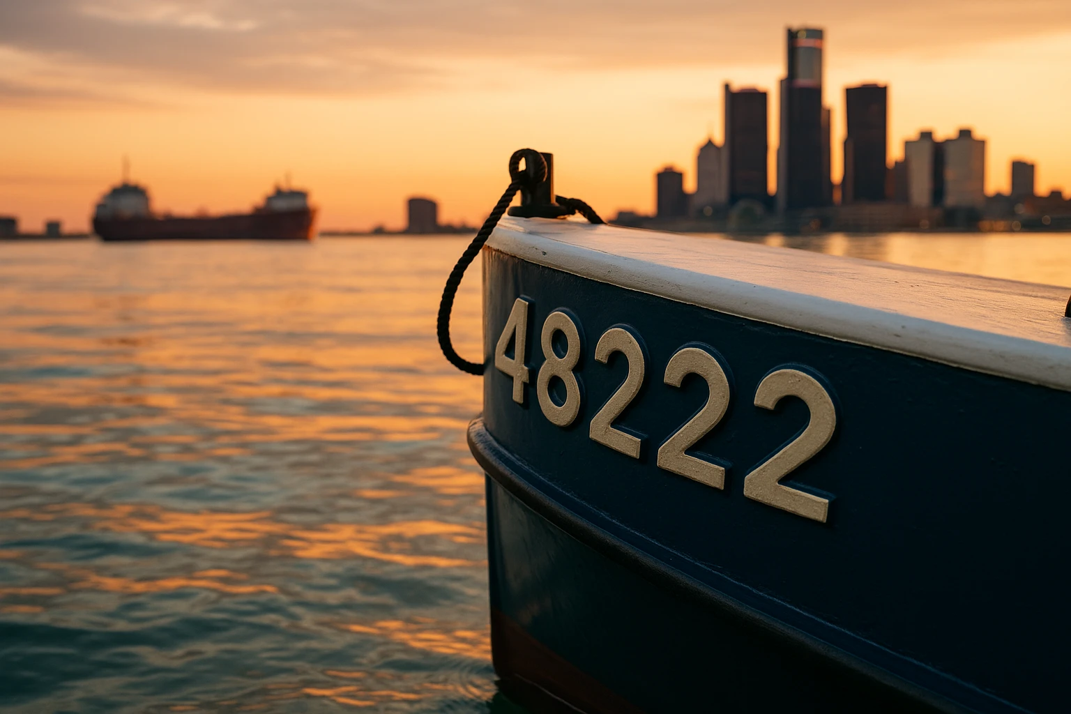 A close-up view of the J.W. Westcott II's unique zip code, 48222, emblazoned on its hull as it floats on the Detroit River, with the reflection of cargo ships and the skyline of Detroit shimmering in the water at sunset.