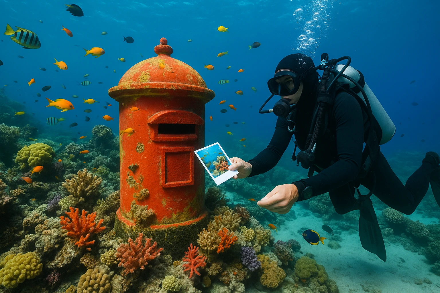 A vibrant coral reef scene with a brightly colored underwater post office structure surrounded by tropical fish, with a diver holding a waterproof postcard ready to be sent.