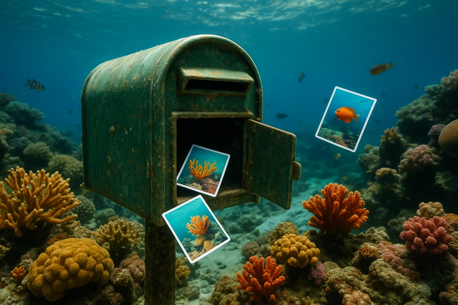 A close-up of a unique underwater mailbox surrounded by vibrant corals and marine life, with colorful waterproof postcards floating gently nearby, all captured under the sunlit ocean surface.
