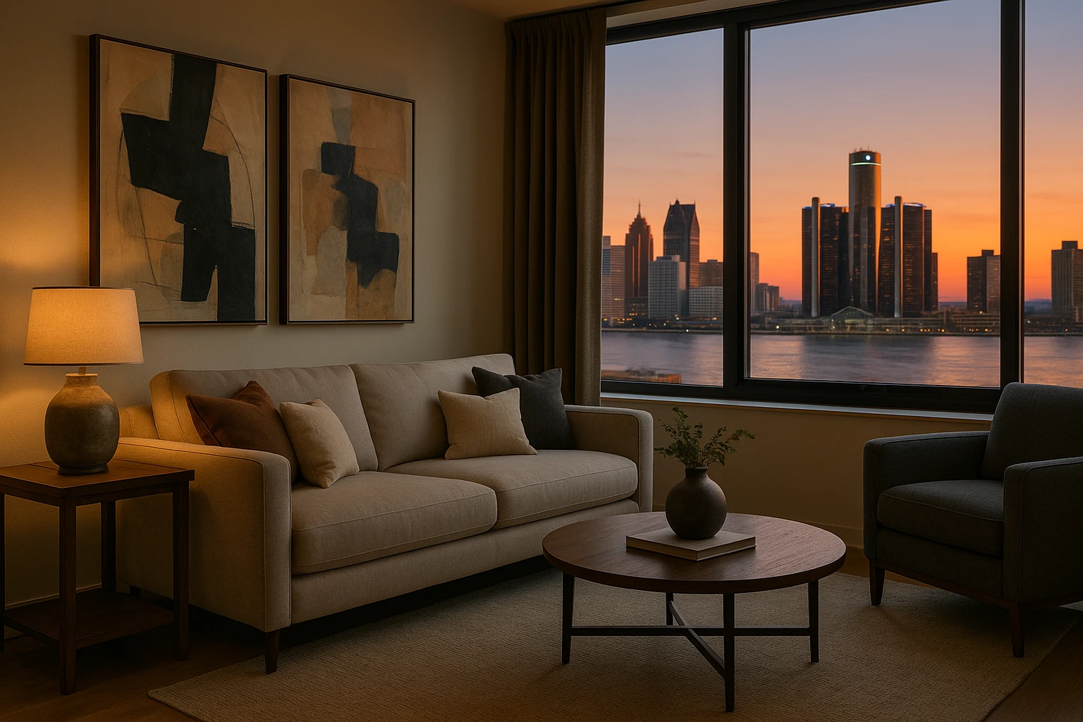 A cozy living room in a modern Detroit apartment with stylish furnishings, including a plush sofa, abstract artwork on the walls, and a large window showcasing the city's skyline at sunset.