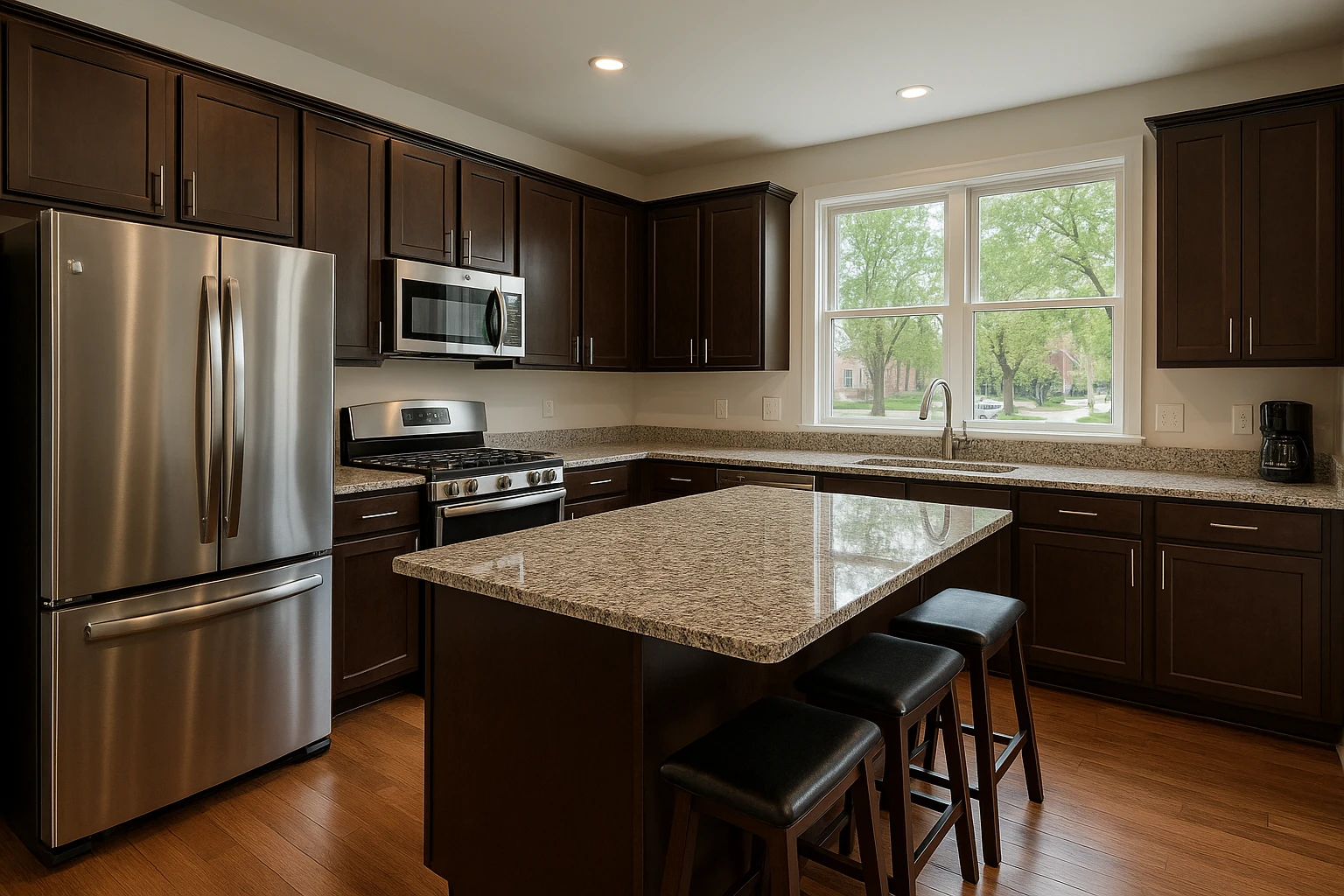 A spacious, fully stocked kitchen in a Detroit furnished rental, featuring sleek stainless steel appliances, a granite island with bar stools, and a large window with a view of a tree-lined neighborhood street.