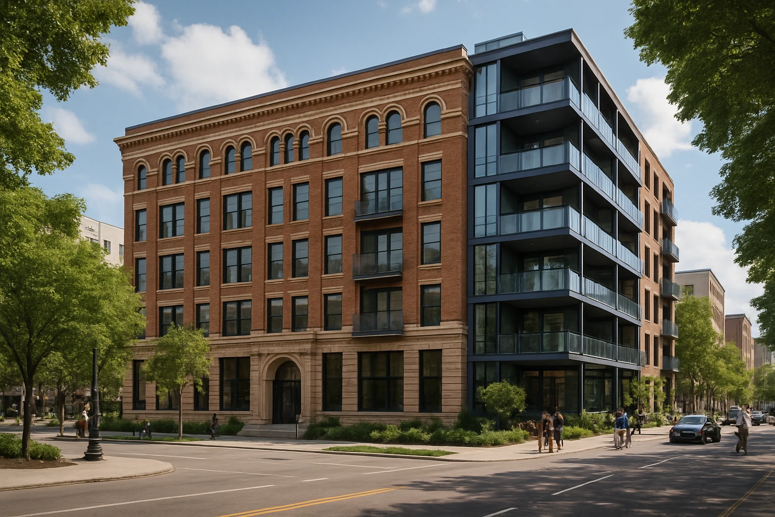 A panoramic view of Capitol Park Lofts, showcasing the restored historic facade juxtaposed with sleek, modern glass balconies, surrounded by lush greenery and bustling city life, capturing the essence of Detroit's urban revitalization.