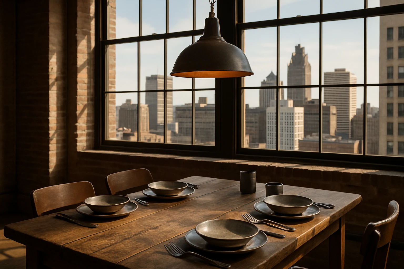 A dining area inside Capitol Park Lofts, featuring a rustic wooden table set with handcrafted ceramic dishes and vintage silverware, illuminated by an industrial-style pendant light against the backdrop of large, sunlit windows showcasing views of Detroit's skyline.