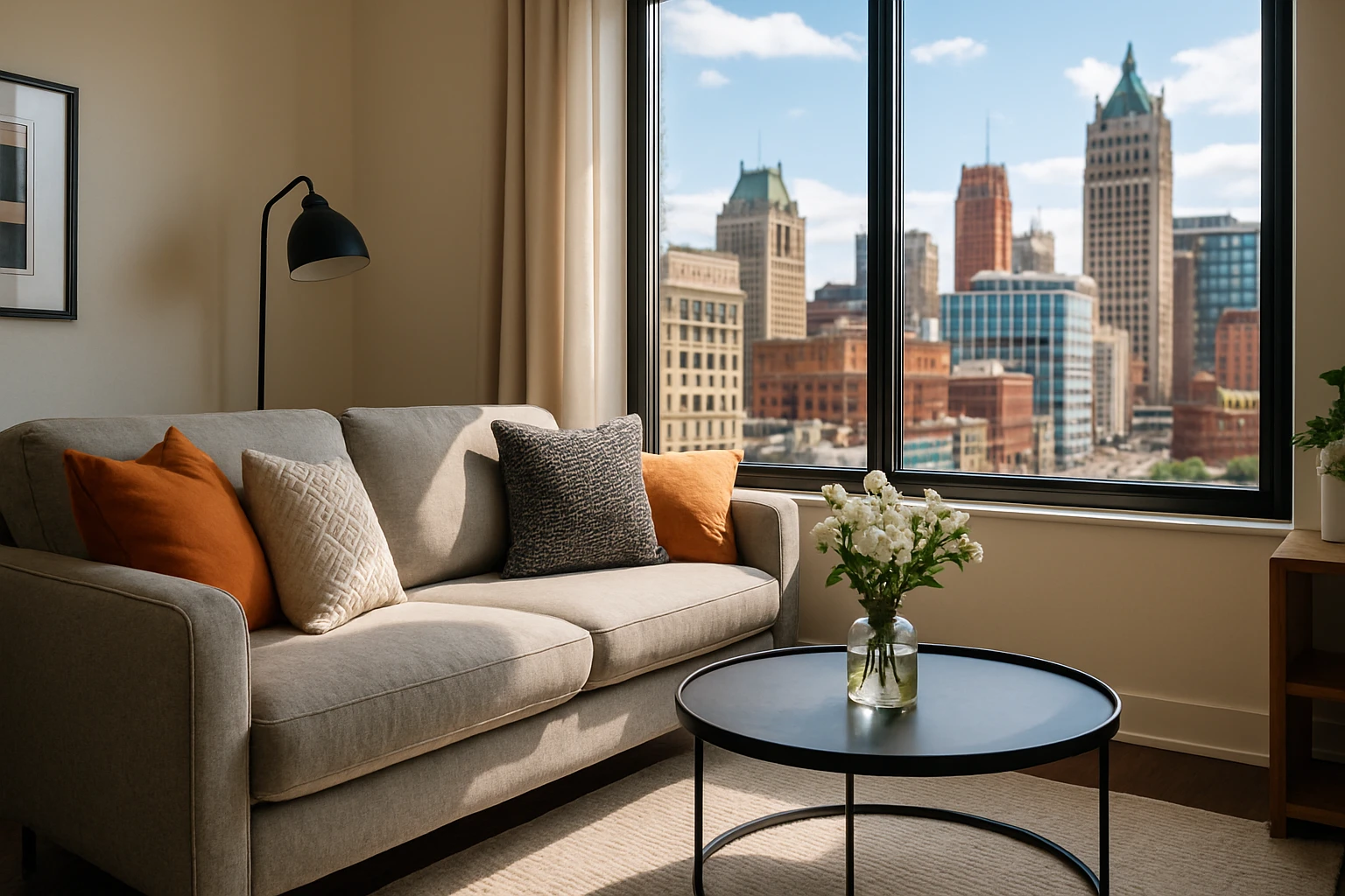 A cozy, modern living room interior of a short-term rental featuring a stylishly furnished space with a plush sofa, decorative pillows, a small coffee table adorned with a vase of fresh flowers, and a large window offering a vibrant view of downtown Detroit.