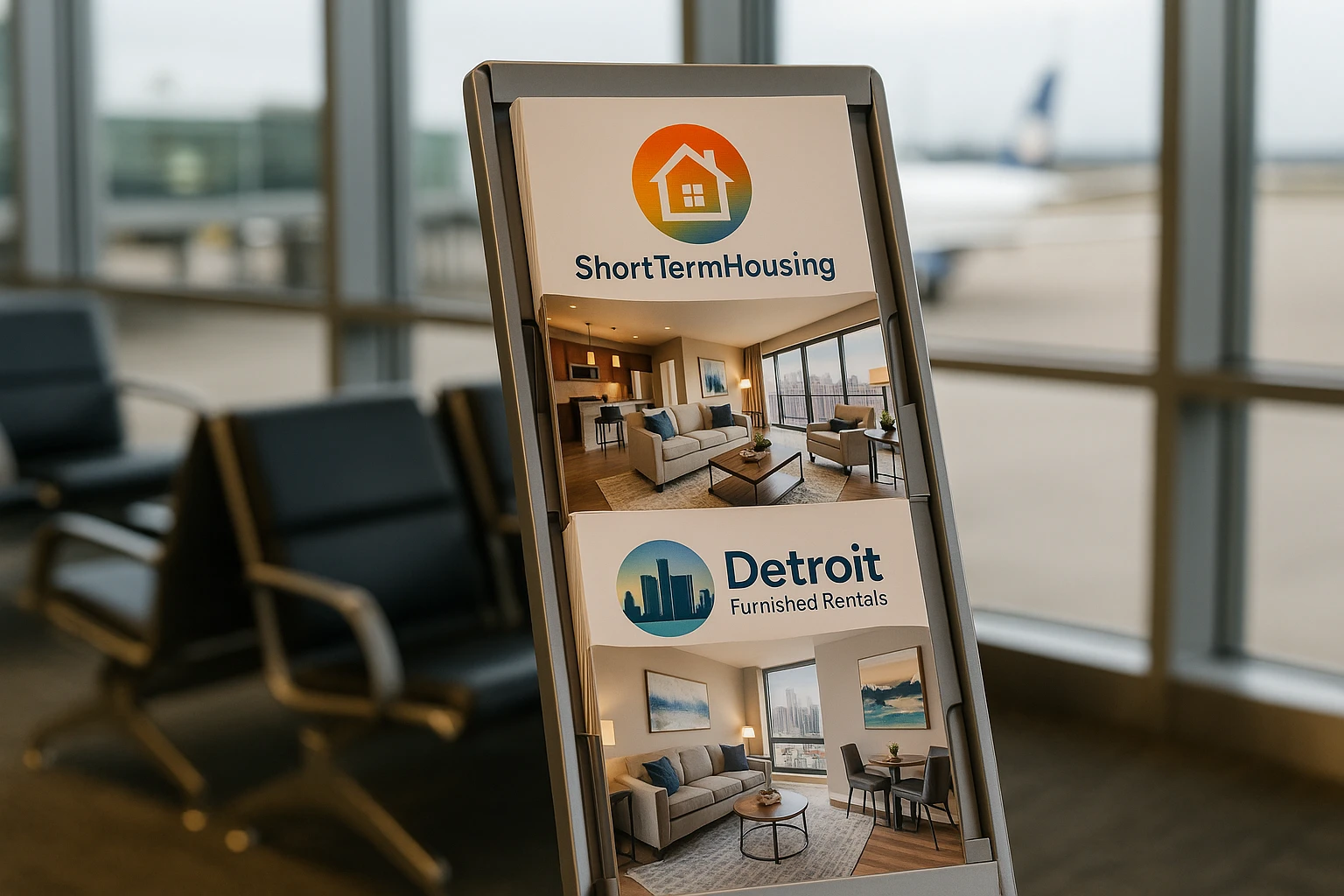 A sleek brochure stand displaying pamphlets for ShortTermHousing.com and Detroit Furnished Rentals at an airport lounge, with vibrant logos and clear, enticing images of stylish rental options in Detroit.