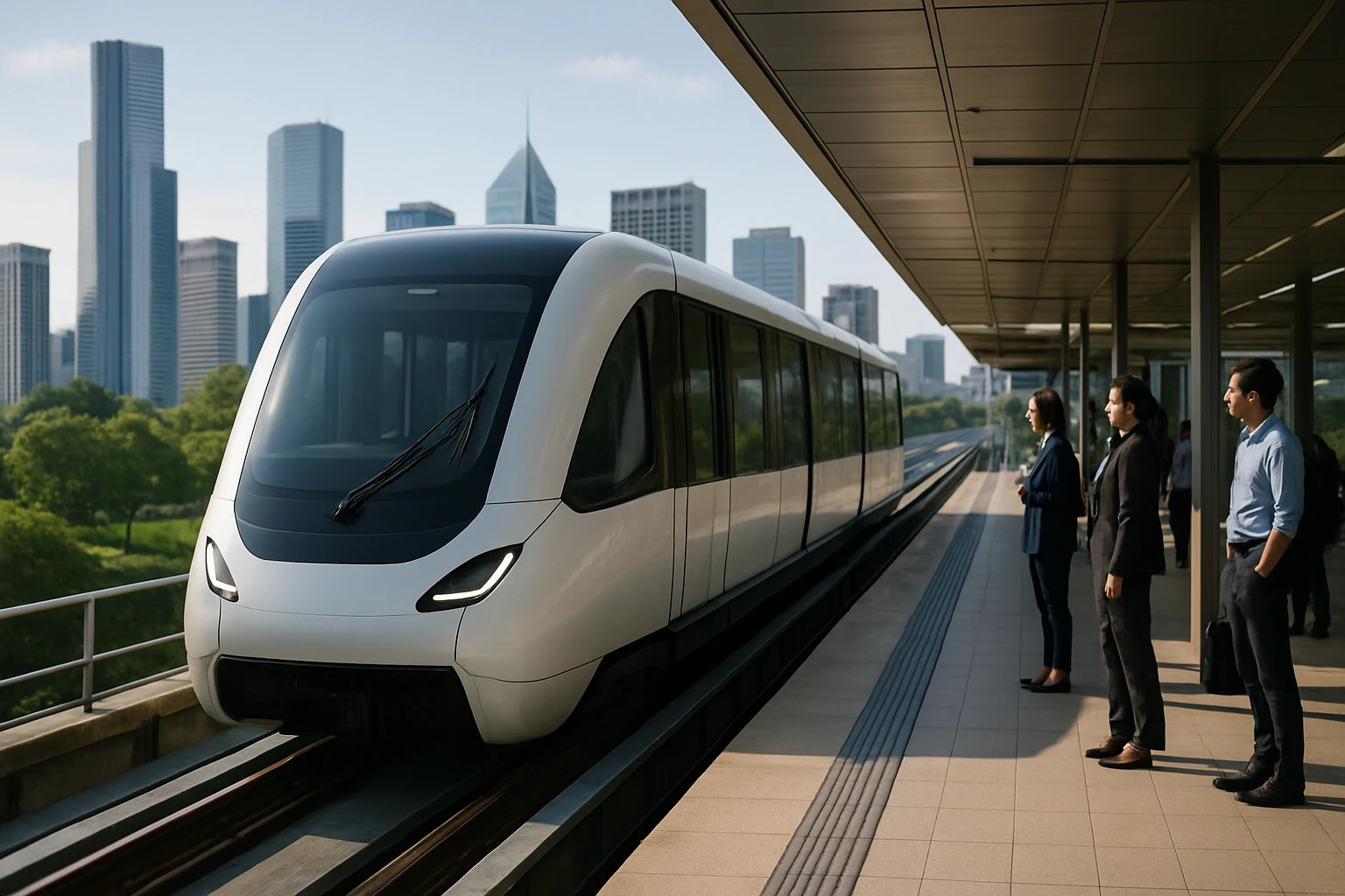 A sleek, driverless people mover gliding along elevated tracks, surrounded by an urban skyline with skyscrapers and green spaces, while commuters wait at a modern, open-air station.