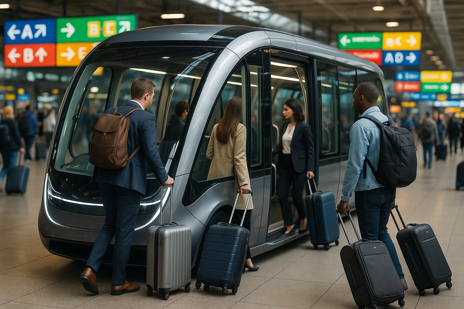 Passengers boarding a futuristic, glass-enclosed people mover at a bustling airport terminal, with colorful signs indicating directions to various terminals and travelers carrying luggage in the background.