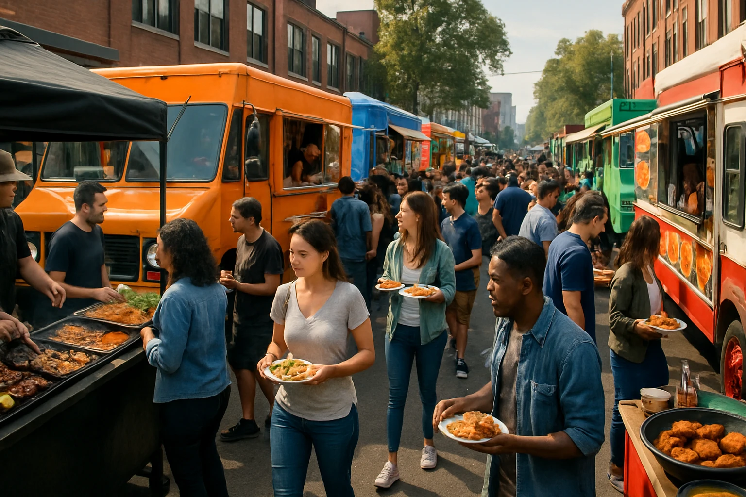 A bustling open-air food market in Detroit with diverse stalls offering an array of dishes; a vibrant array of colorful street food trucks line the street, each displaying unique local and international cuisine, surrounded by people eagerly sampling Detroit's culinary innovations.