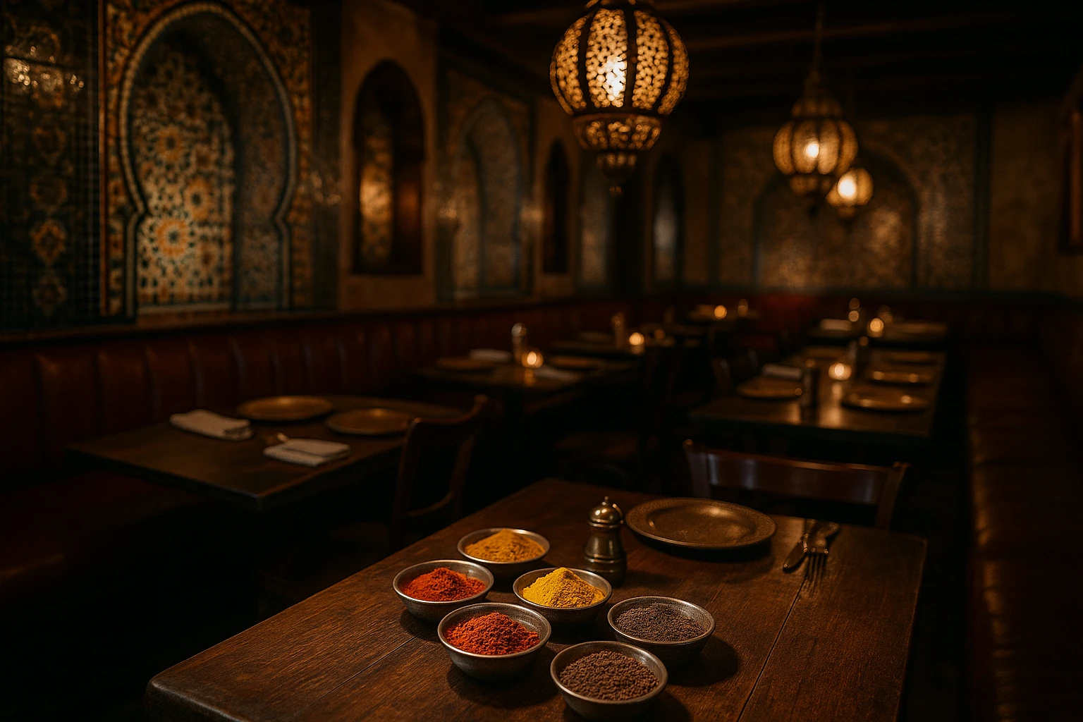 A cozy Detroit restaurant interior with a Moroccan theme: intricate mosaic tiles, dimly-lit brass lanterns, and tables adorned with vibrant spices like saffron and cumin, evoking the smells and flavors of a Middle Eastern bazaar.