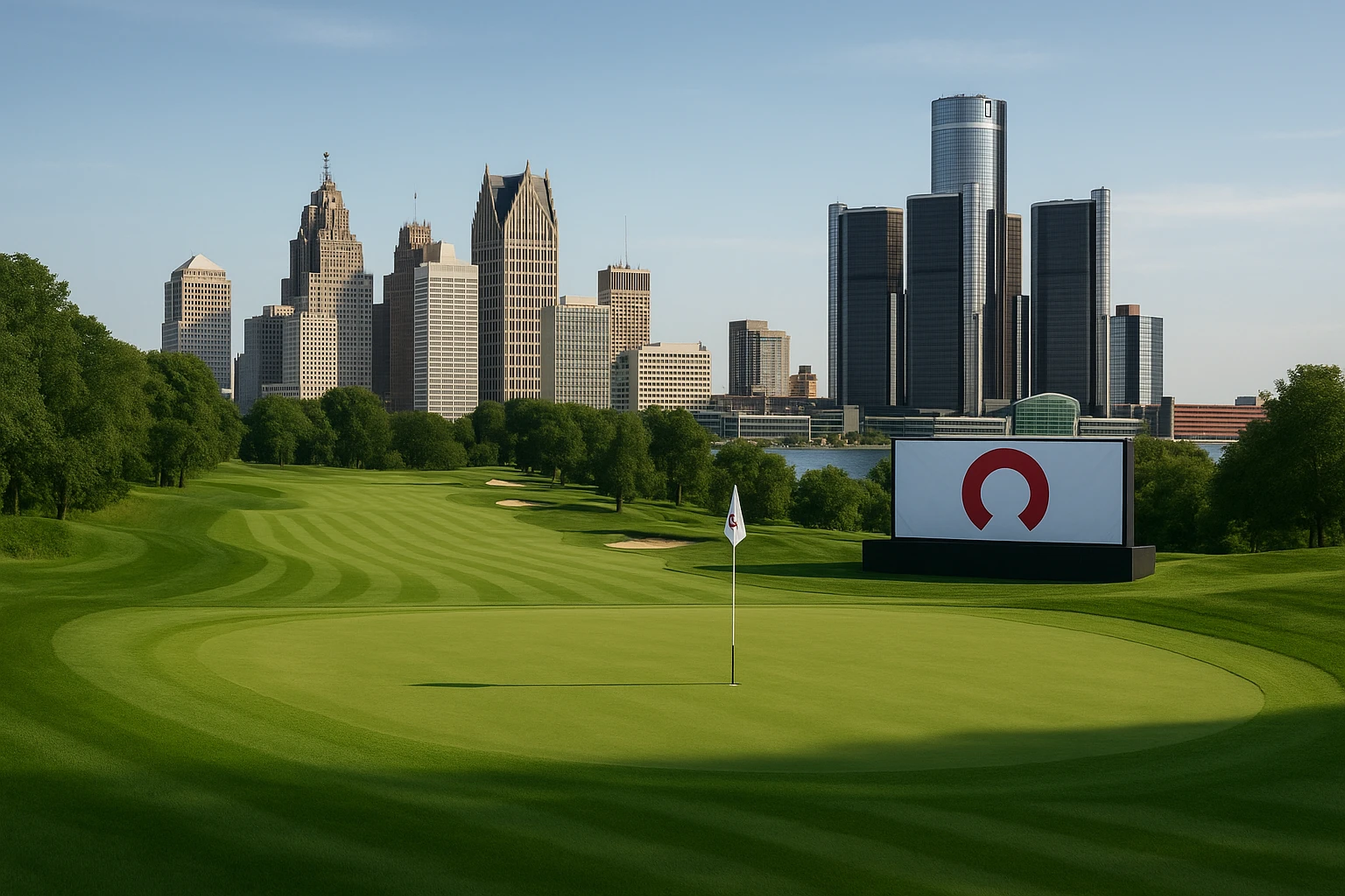 A lush golf course with meticulously maintained greens and vibrant fairways set against the skyline of Detroit, featuring the Rocket Mortgage logo prominently displayed on a large banner near the 18th hole.