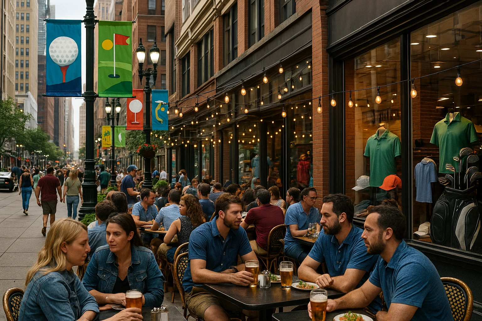 A bustling downtown Detroit street adorned with colorful Rocket Mortgage banners, where a pop-up outdoor café is crowded with attendees enjoying meals and local craft beverages under festive string lights, while golf-themed merchandise is displayed in shop windows.