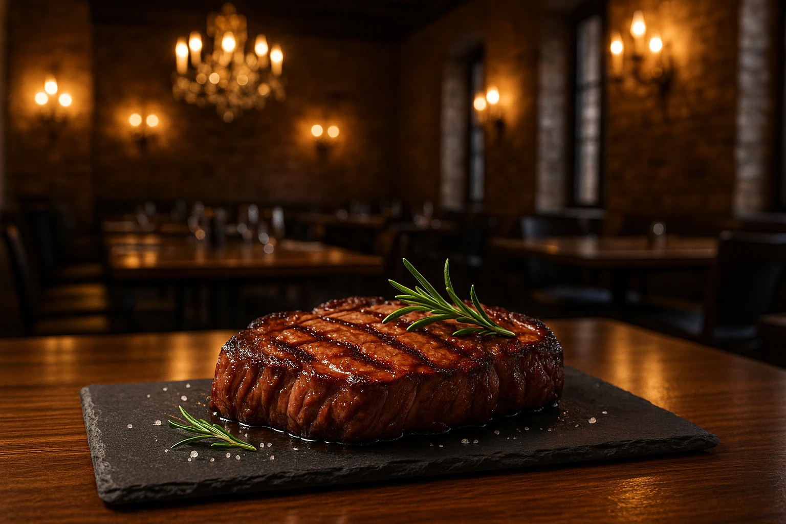 A luxurious dining room with vintage chandeliers illuminating rustic brick walls and polished wooden tables, where a perfectly grilled steak garnished with rosemary and glistening with juices is artfully presented on a slate board, capturing the union of historic ambiance and modern culinary expertise.