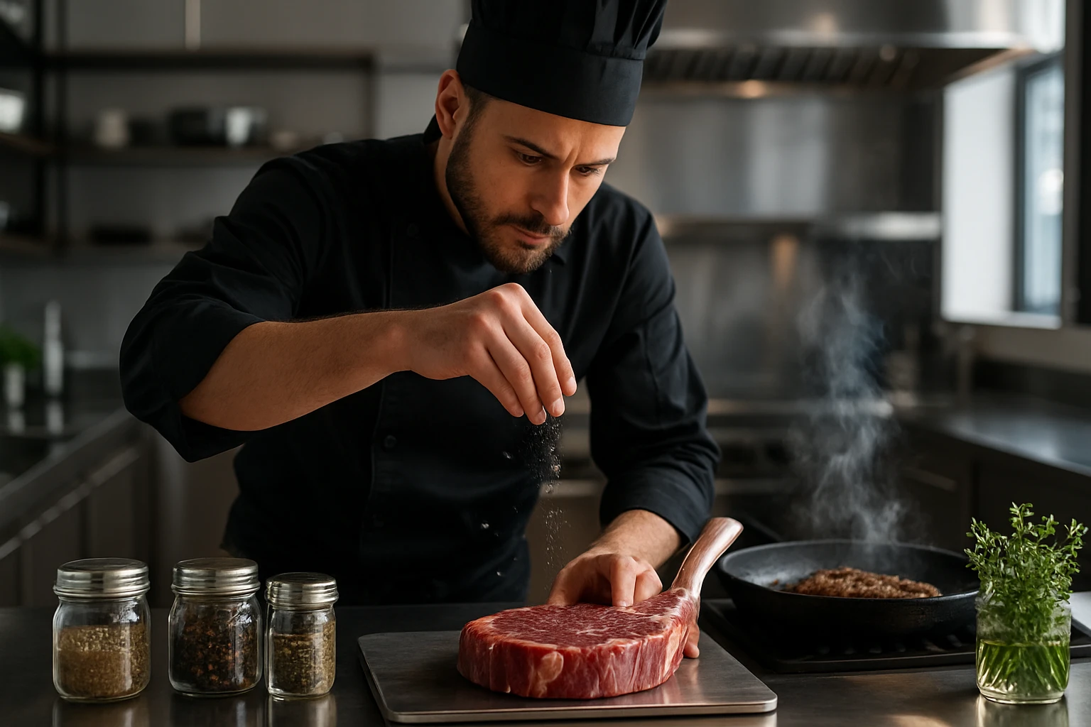 In a contemporary open kitchen with gleaming stainless steel counters, a chef expertly seasons a thick tomahawk ribeye, surrounded by glass jars of spices and fresh herbs, with a view of sizzling steak on a cast iron grill, capturing the essence of culinary craftsmanship.