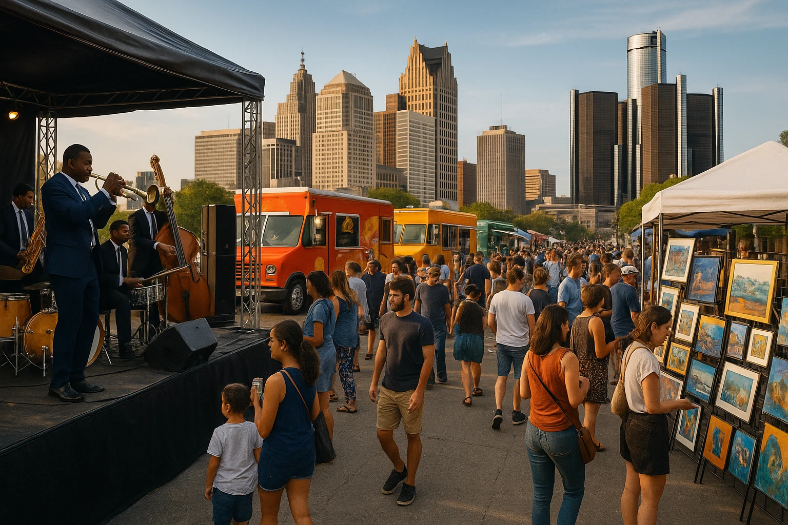 A bustling street festival with live jazz musicians playing on a stage, food trucks lined up offering diverse cuisines, and people browsing artwork from local artists set against the backdrop of Detroit's iconic skyline.