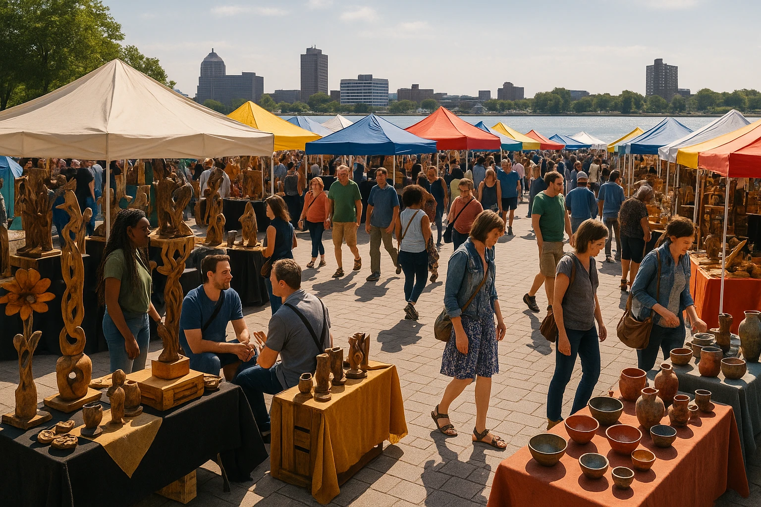 A vibrant open-air art market in Detroit's Hart Plaza, featuring artisans displaying handmade crafts and sculptures, with the Detroit River gleaming in the sunlight behind bustling visitors and colorful tents.