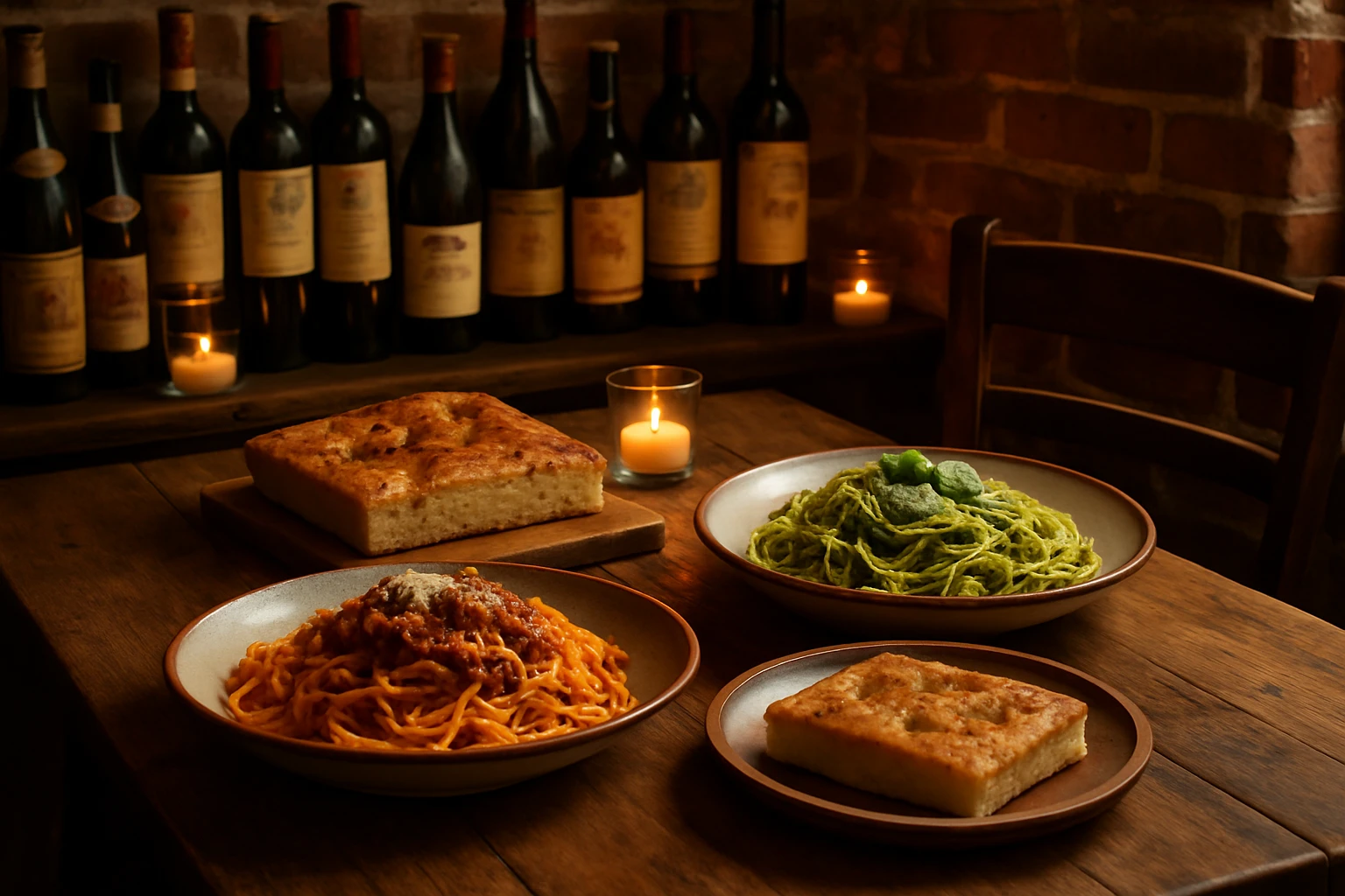 A rustic wooden table set in a cozy Detroit restaurant, adorned with vibrant plates of pasta and freshly baked focaccia, surrounded by soft candlelight and a backdrop of vintage Italian wine bottles lining the brick walls.