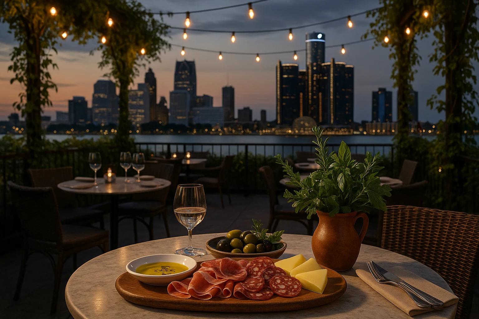 An elegant Detroit restaurant terrace overlooking the skyline at dusk, with a table set featuring artisanal Italian charcuterie, bright olive oil dipping platter, and a bouquet of fresh herbs, surrounded by ambient string lights and ivy-covered trellises.