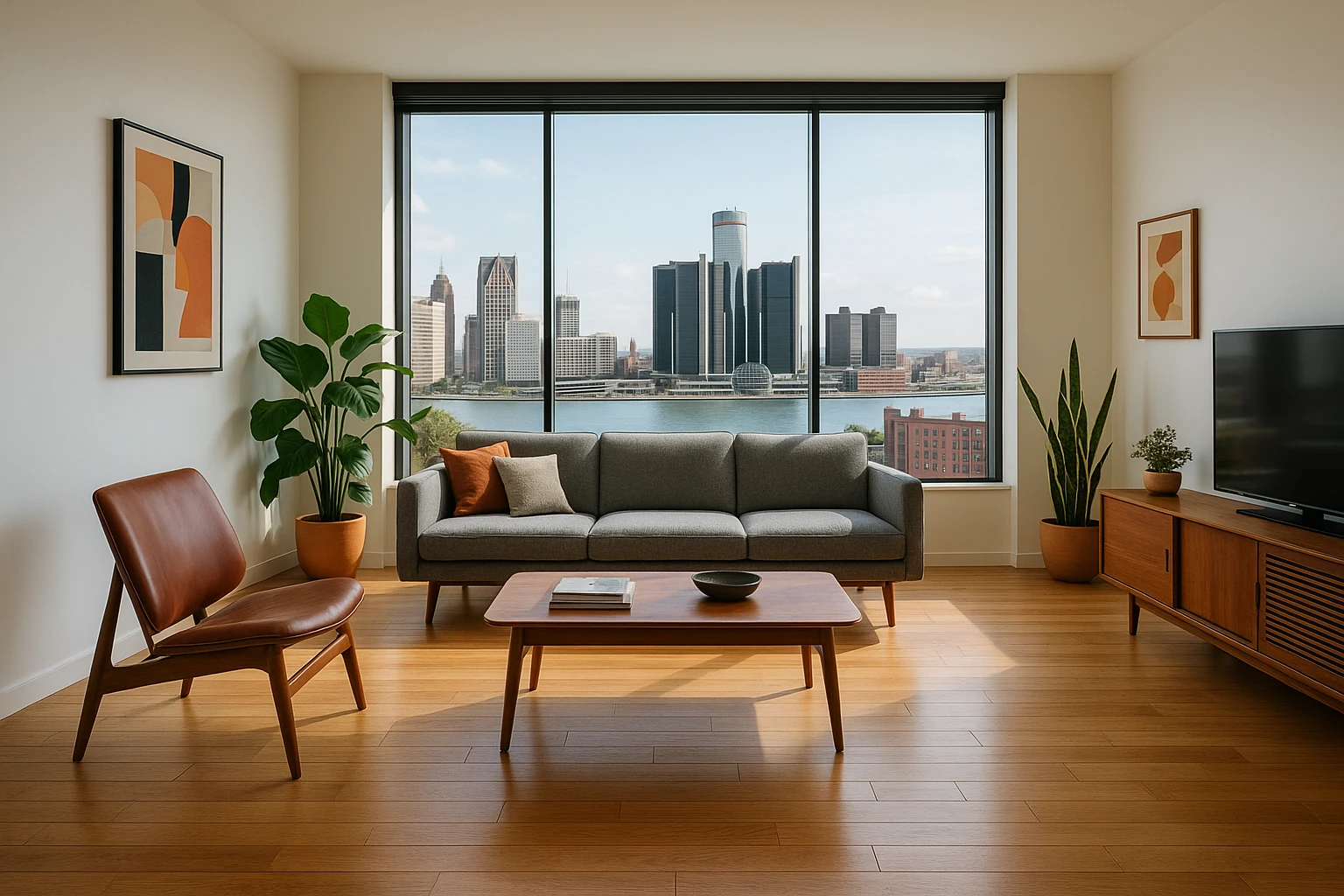 A modern, fully-furnished apartment with sleek hardwood floors, stylish mid-century furniture, and a panoramic view of Detroit's skyline from a large floor-to-ceiling window, accented by vibrant indoor plants and contemporary artwork on the walls.
