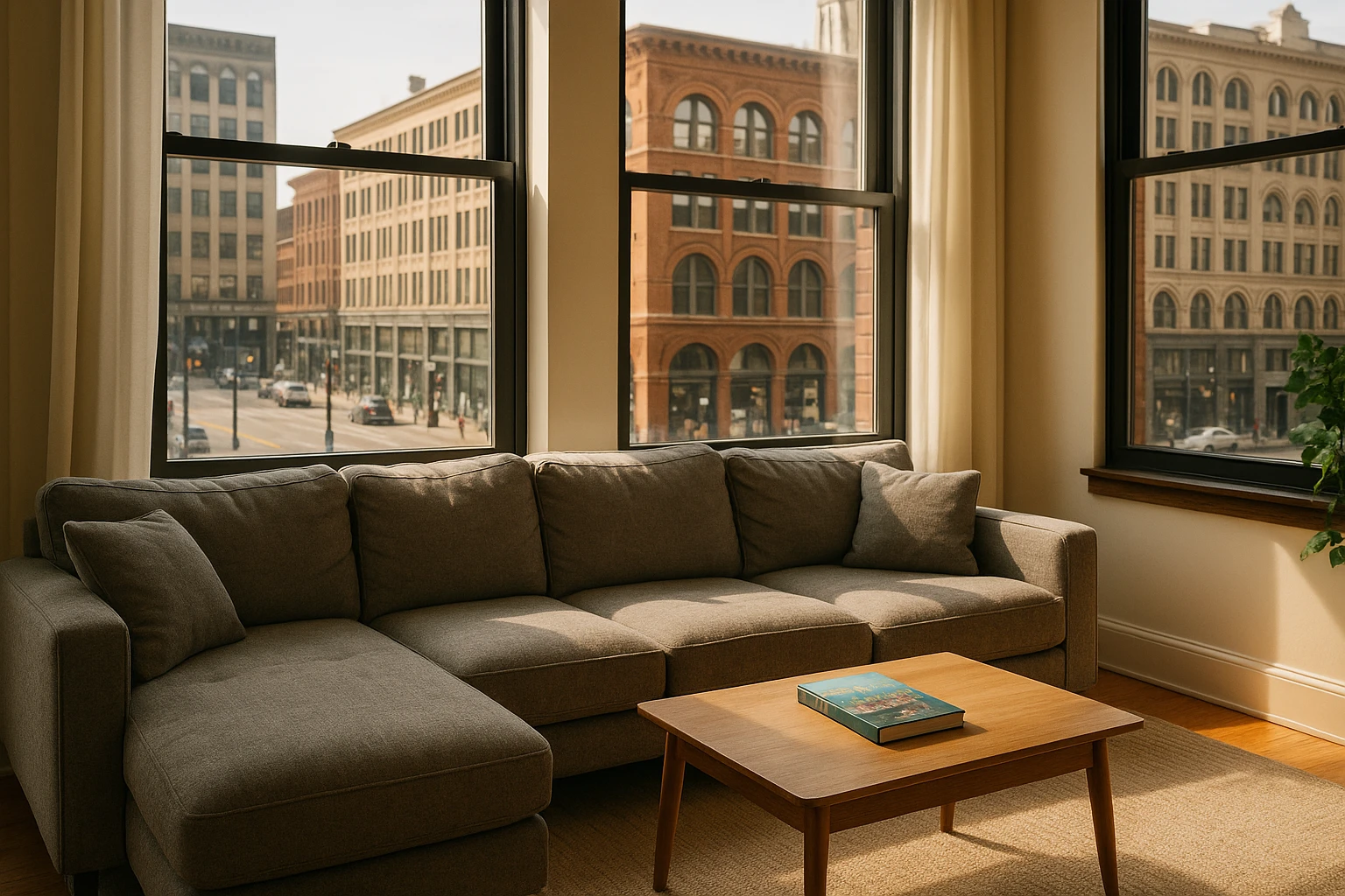 A cozy, well-lit apartment living room with plush, gray sectional sofa, a small wooden coffee table holding a Detroit travel guide, and large windows revealing the bustling city street below, featuring brick buildings and historical architecture in the background.