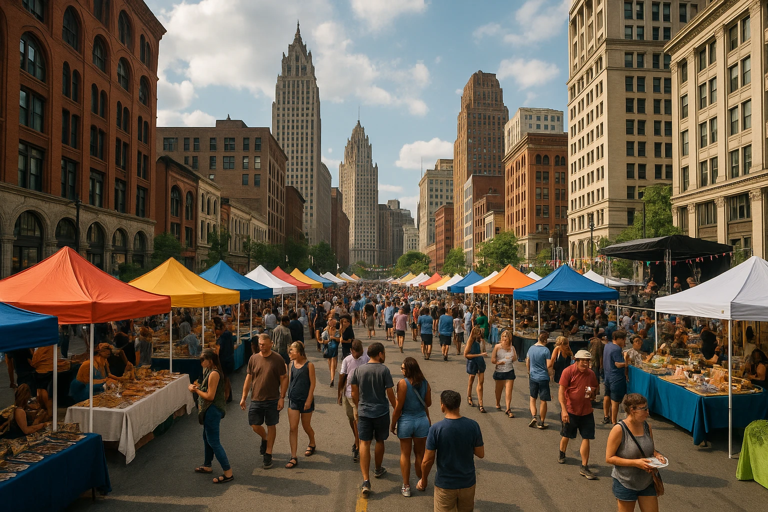 A bustling street festival in Detroit with colorful vendor tents lining both sides of a downtown avenue, featuring an array of local crafts, artisanal foods, and live music stages, all set against the backdrop of historic city architecture.