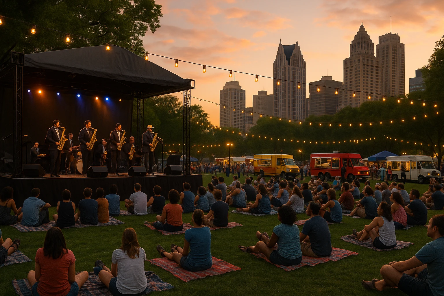 A lively park scene during the Detroit Jazz Festival featuring a large outdoor stage with musicians playing saxophones and trumpets, surrounded by an audience sitting on picnic blankets under string lights, with food trucks offering local delicacies and skyscrapers visible in the distance.