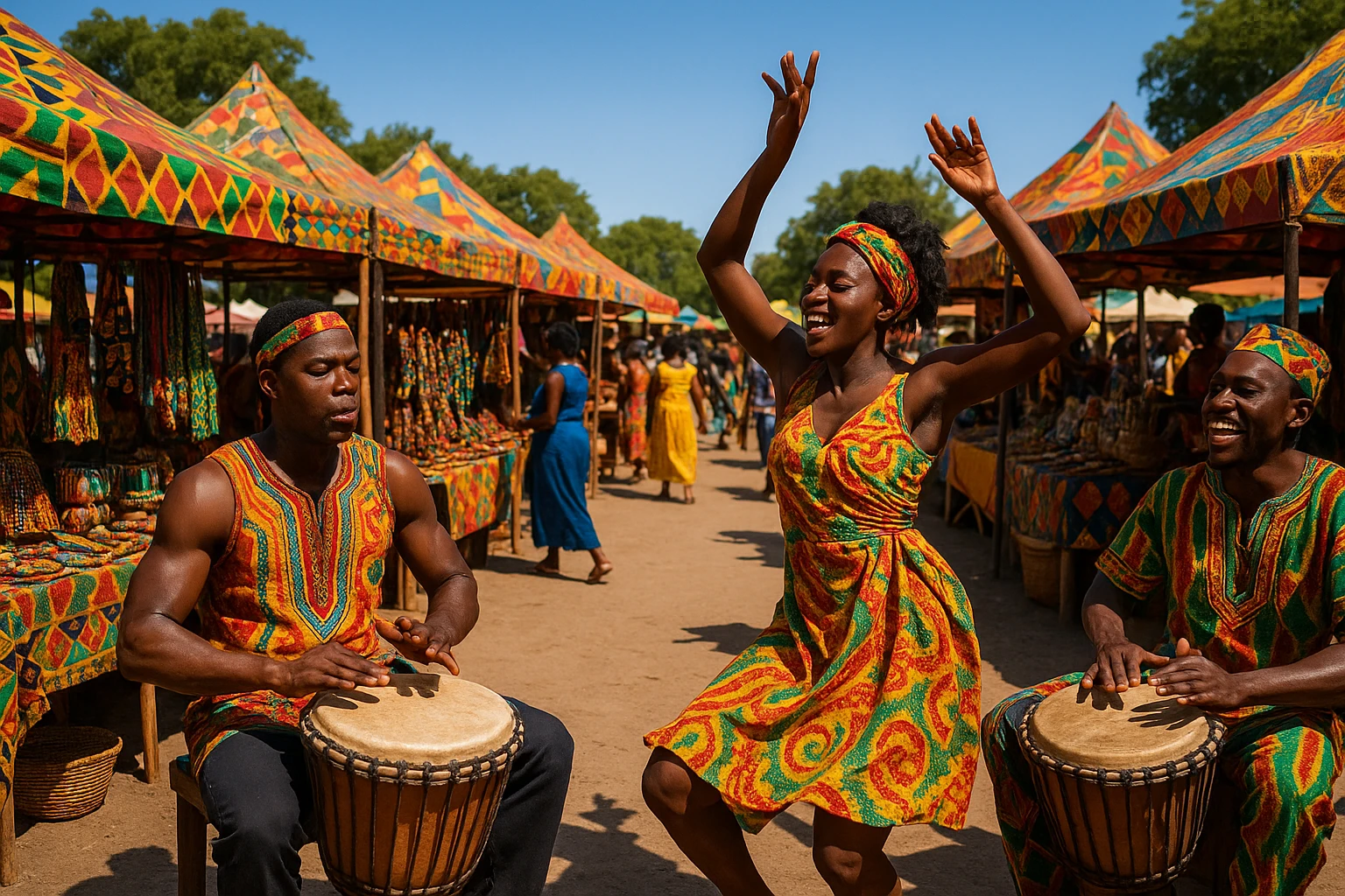 A bustling outdoor festival scene with colorful tents adorned with traditional African patterns, vibrant handmade crafts on display, and performers in vivid attire playing drums and dancing energetically beneath a clear blue sky.