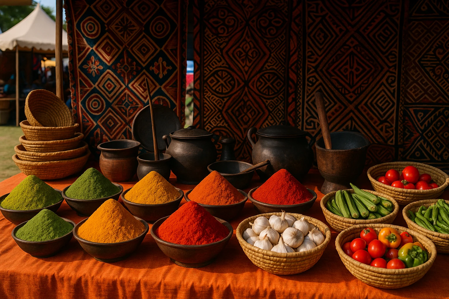 A vibrant food market stall at the African World Festival 2026, filled with an array of colorful spices, traditional African cooking utensils, and baskets overflowing with fresh produce, against a backdrop of tapestries featuring intricate tribal patterns.