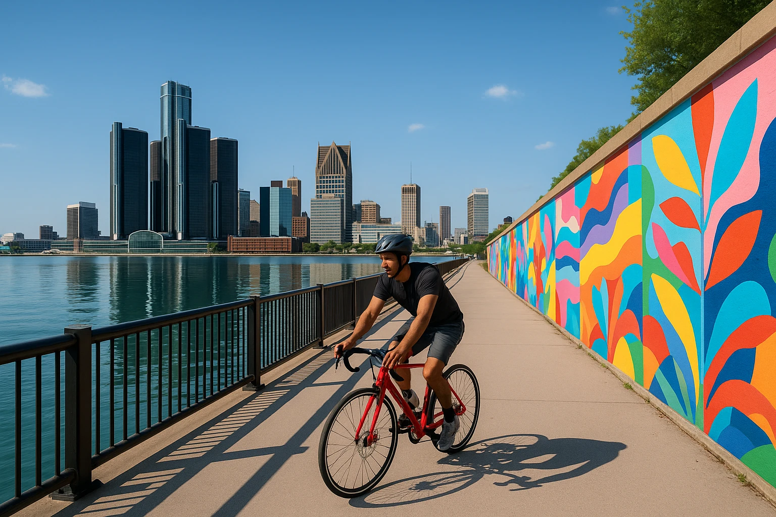 A vibrant scene along the Detroit Riverwalk shows a cyclist pedaling past colorful murals, with the skyline of downtown Detroit reflecting in the river under a bright blue sky.