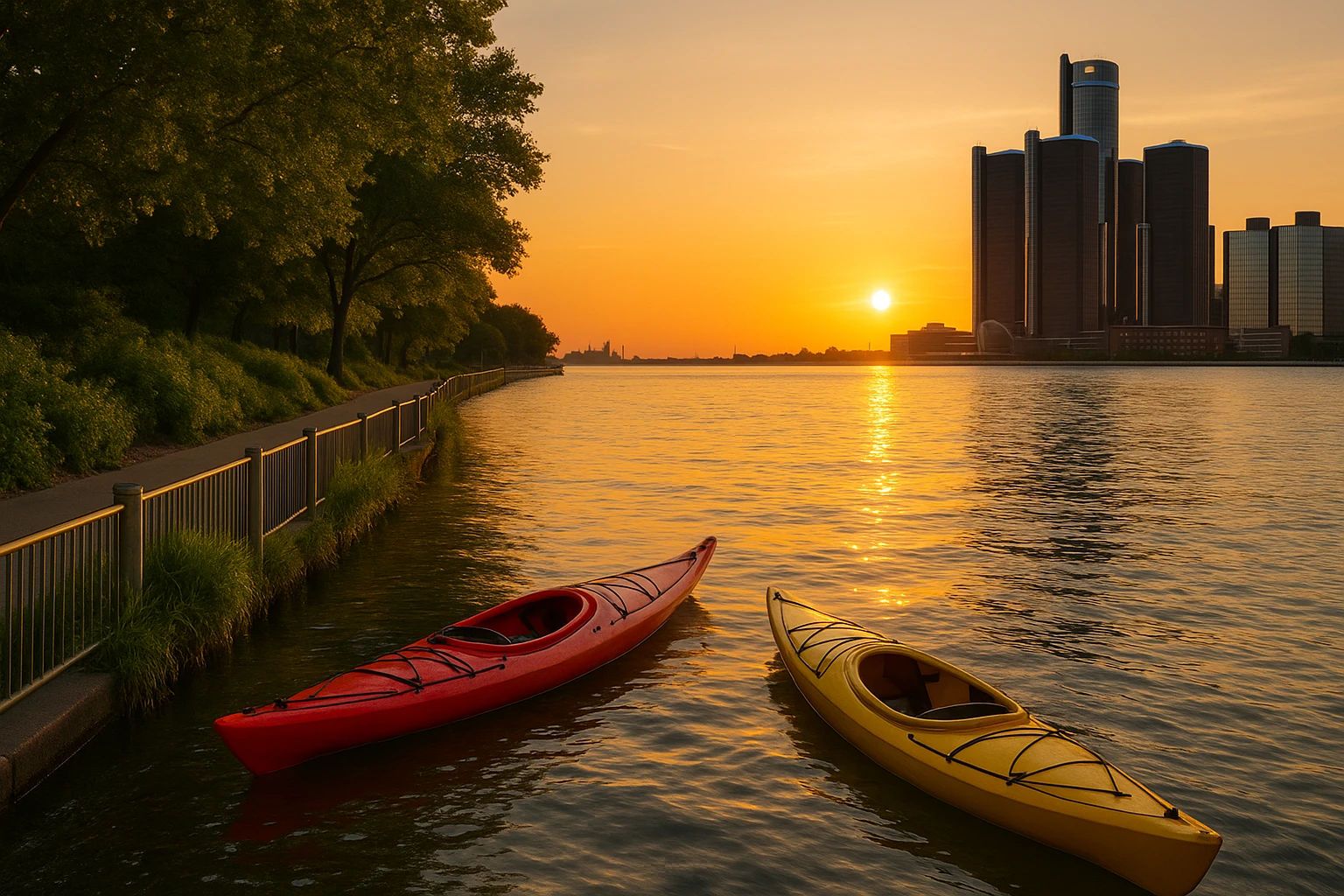 A peaceful evening scene on the Detroit Riverwalk features a couple of kayaks gently floating on the river as the sunset casts a warm golden glow over the waters, with lush greenery lining the path and the Renaissance Center subtly visible in the background.