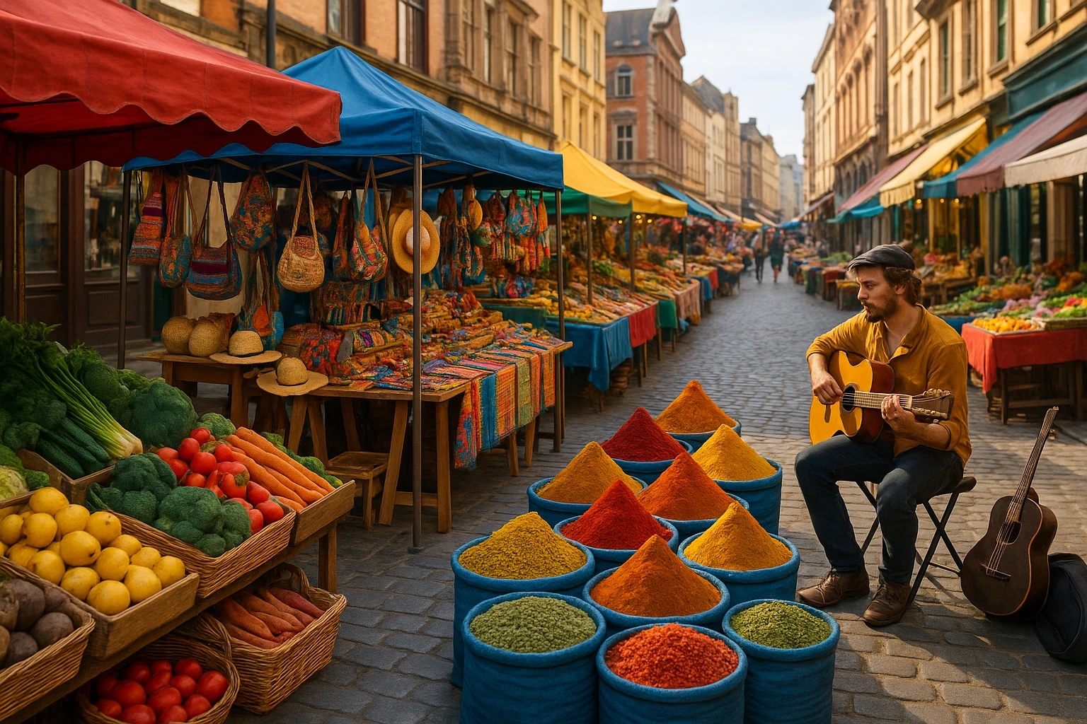 A vibrant street market scene filled with colorful stalls showcasing local produce, handmade crafts, and exotic spices, with the backdrop of historic buildings and a street performer adding lively music to the air.