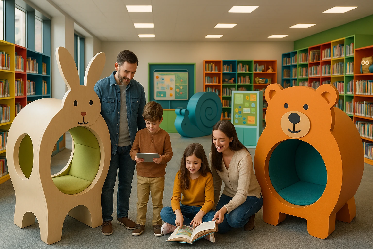 A family exploring a modern library's children's section, surrounded by colorful bookshelves, reading nooks shaped like whimsical animals, and interactive educational displays.